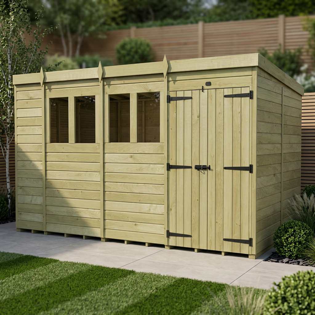 15 x 7 Pent Shed (Double Door, With Windows)