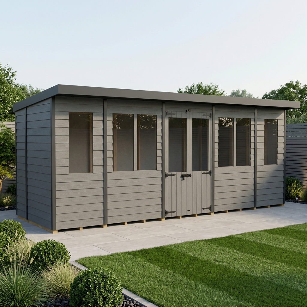 18x7 Composite Pent Summer House (Double Doors, With Windows)