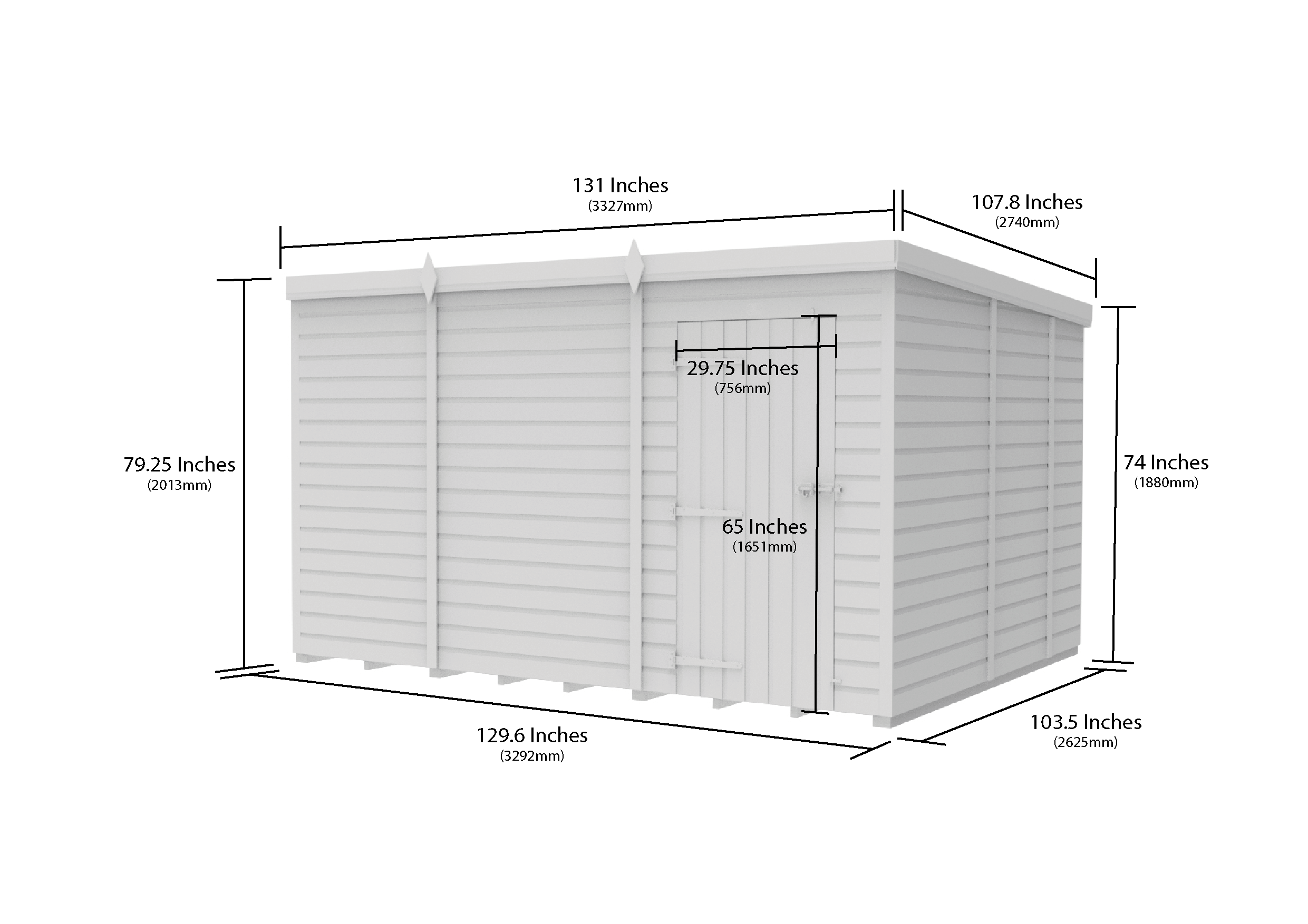 11 x 9 Pent Shed (Single Door, No Windows)