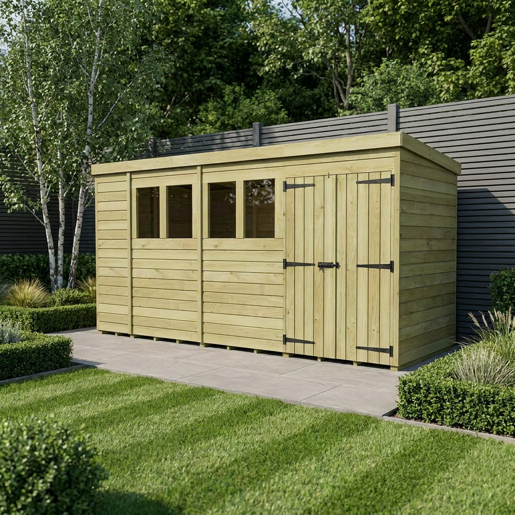 15 x 4 Pent Shed (Double Door, With Windows)