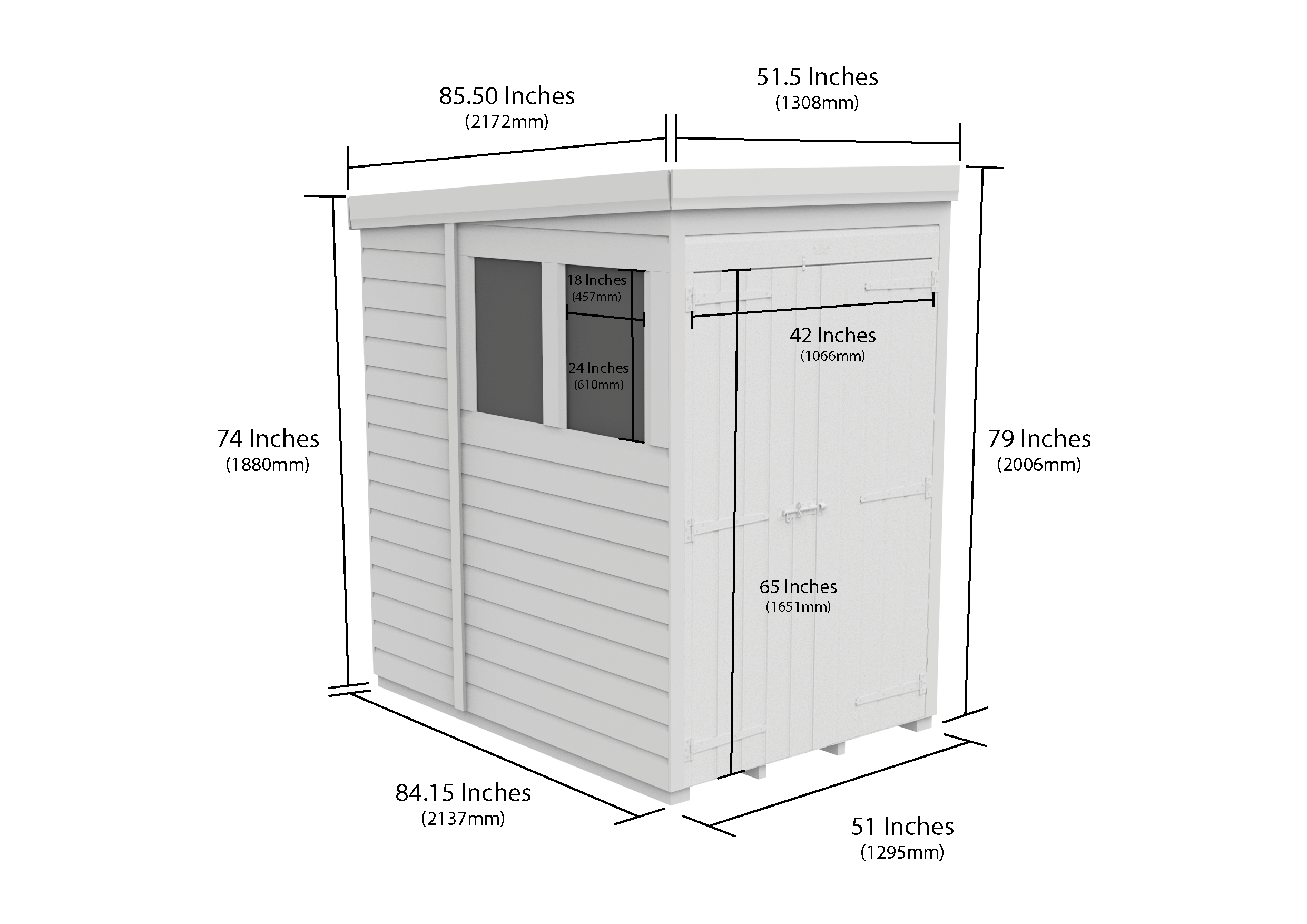 4 x 7 Pent Shed (Double Door, With Windows)