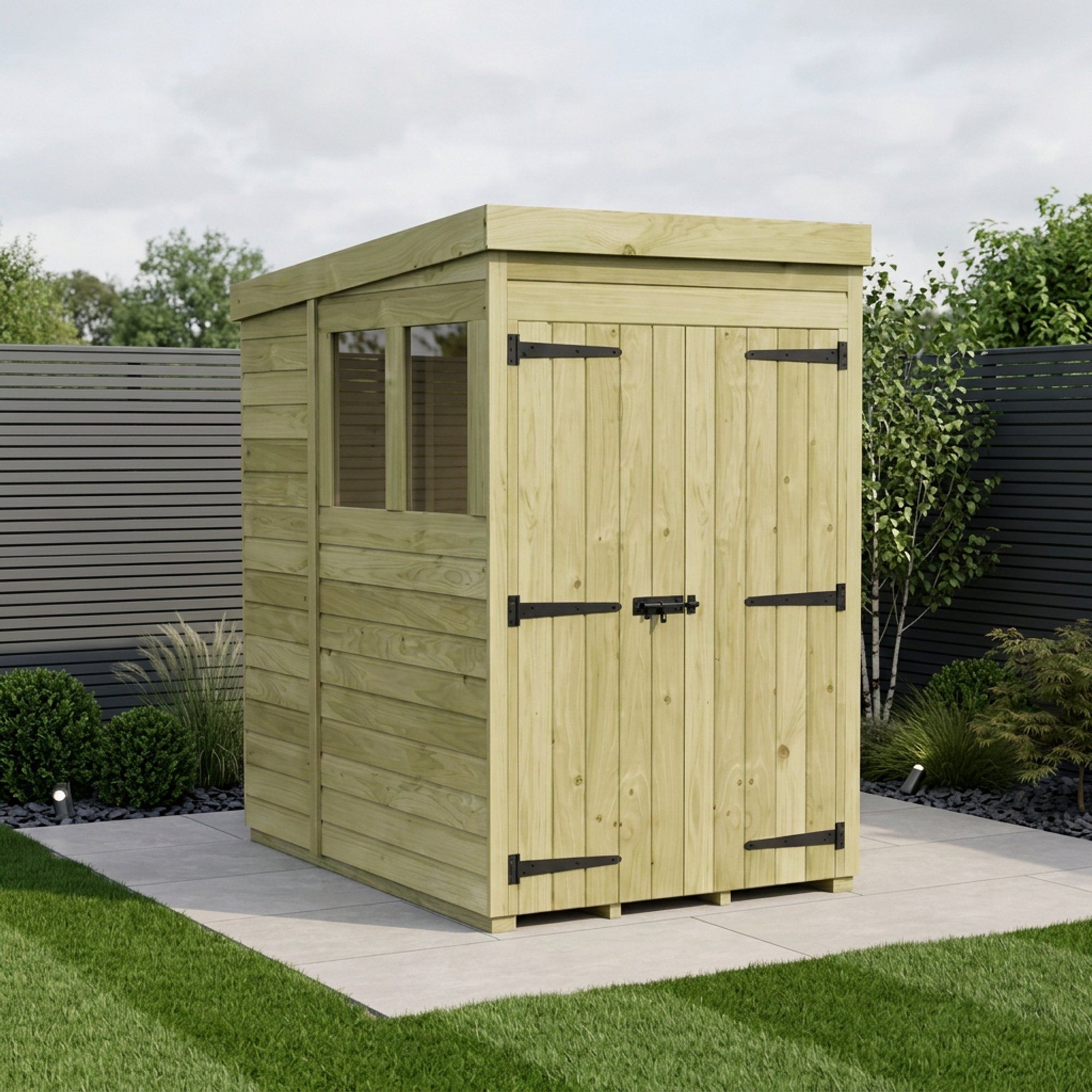 4 x 7 Pent Shed (Double Door, With Windows)