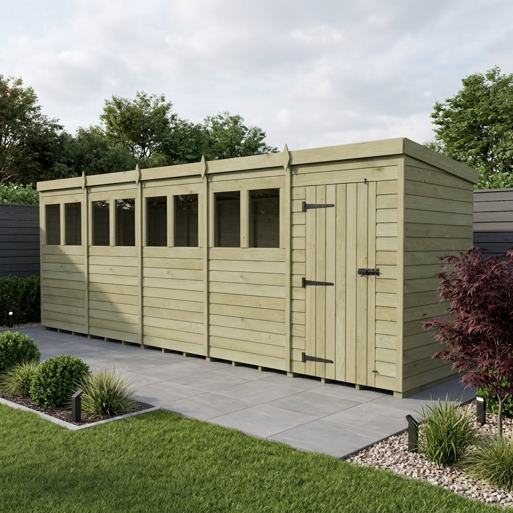 20 x 5 Pent Shed (Double Door, With Windows)