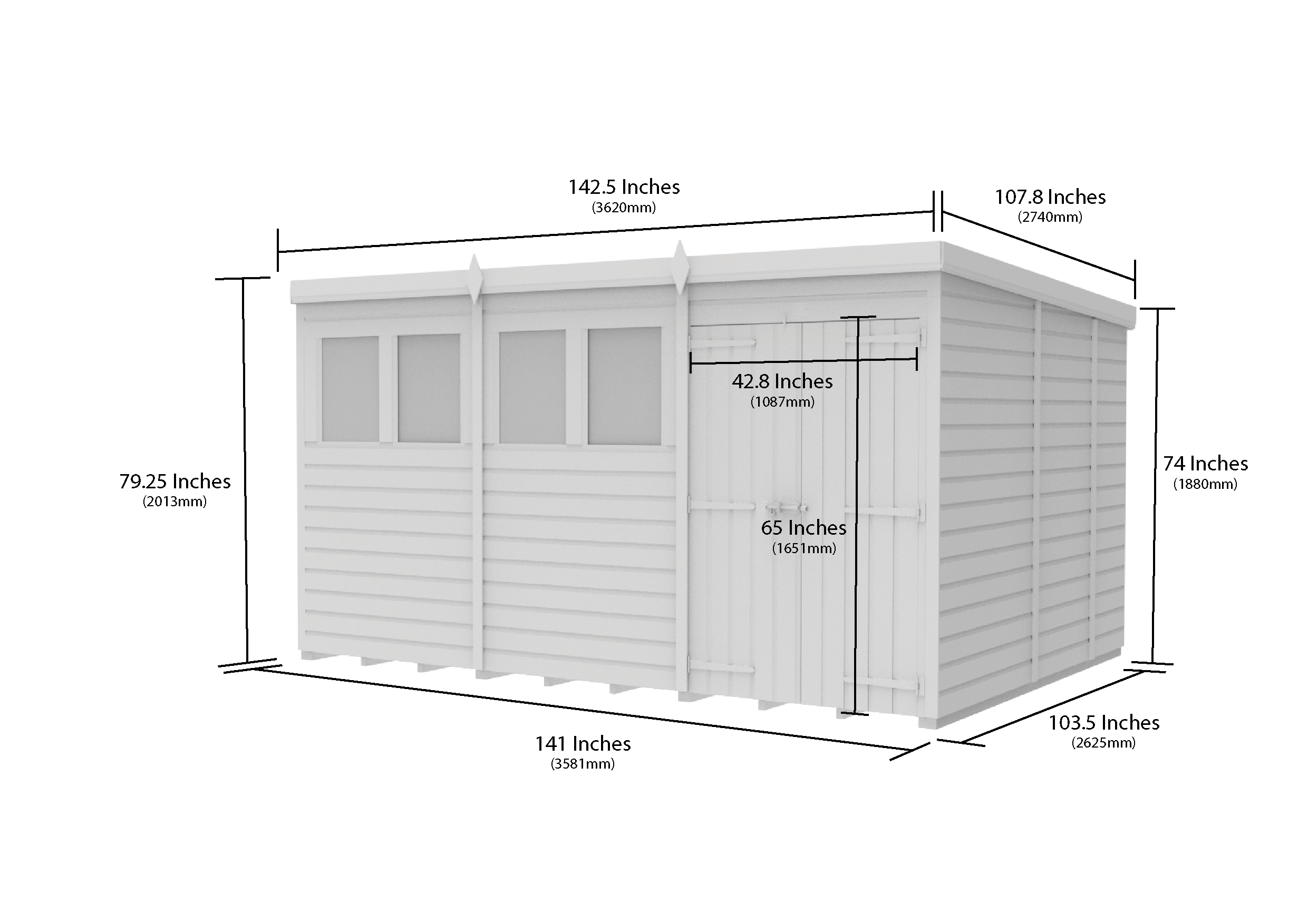 12 x 9 Pent Shed (Double Door, With Windows)