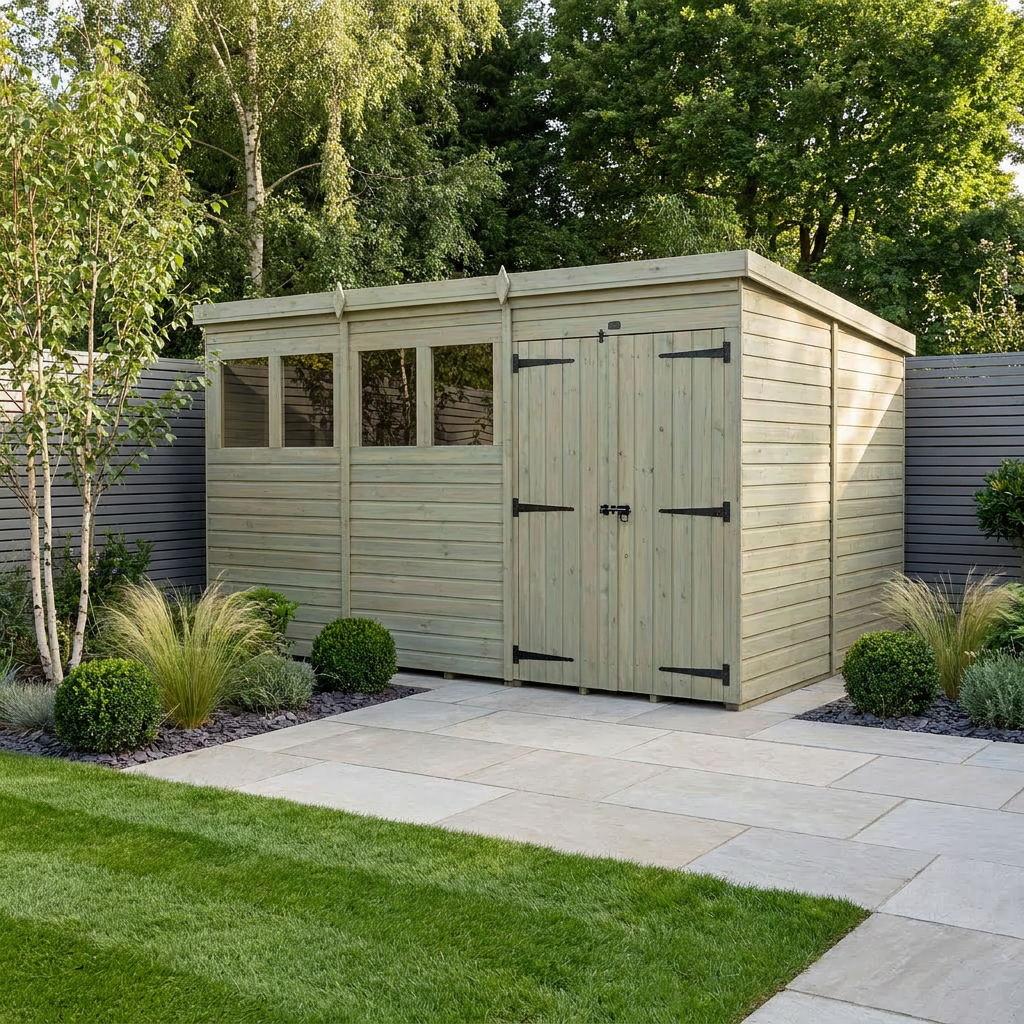 12 x 9 Pent Shed (Double Door, With Windows)