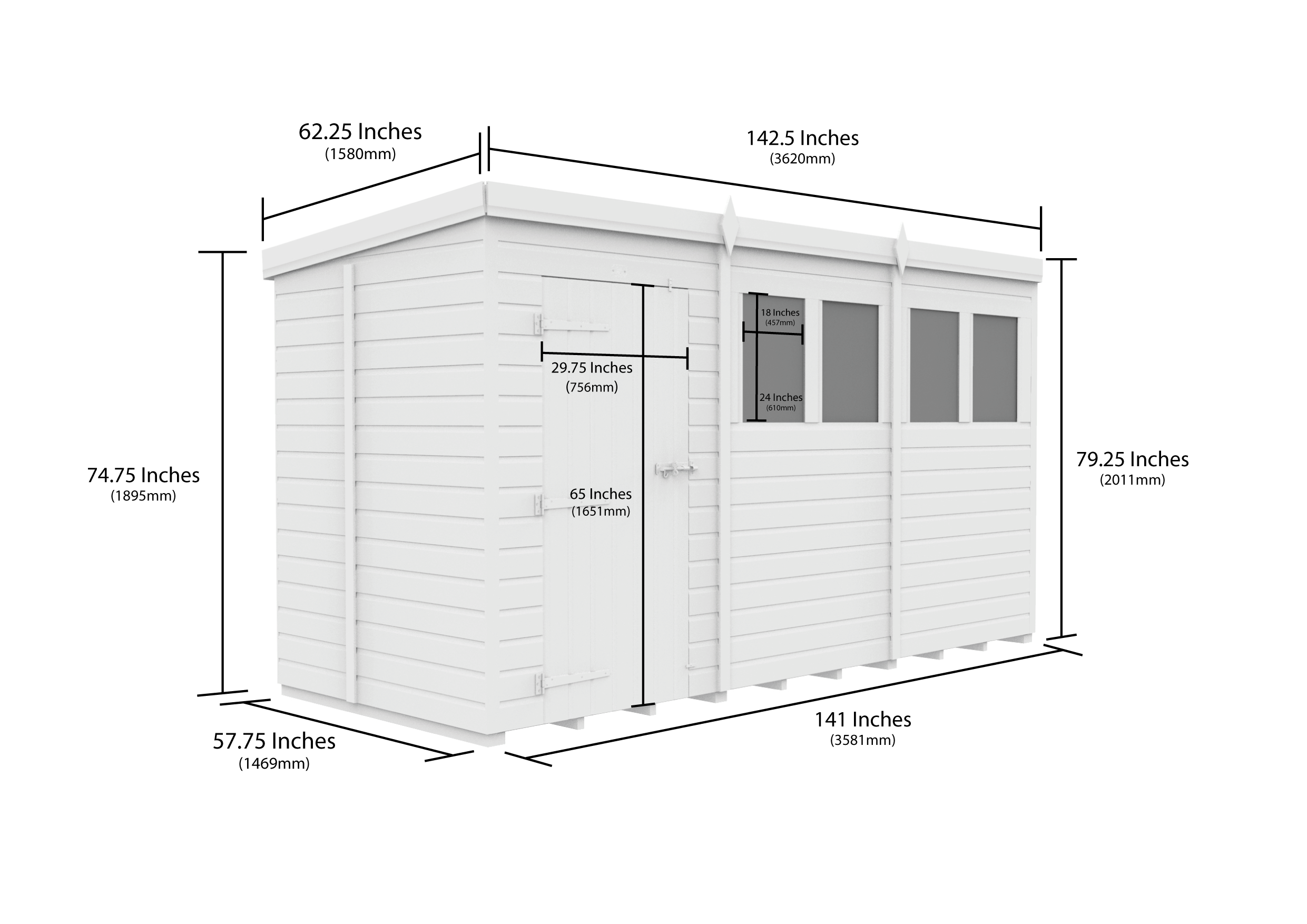 12 x 5 Pent Shed (Double Door, No Windows)