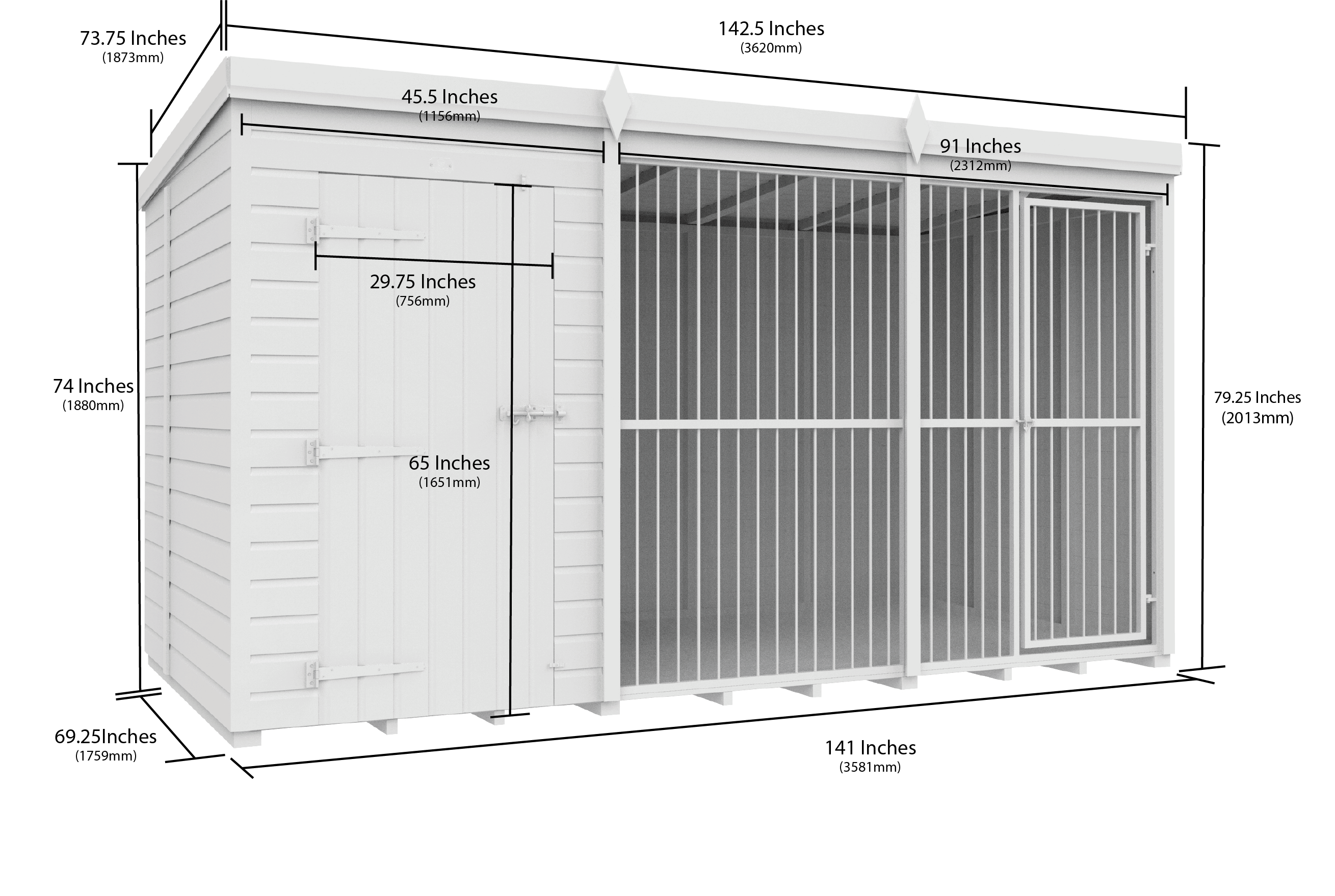 12 x 6 Dog Kennel And Run (Full Height With Bars)