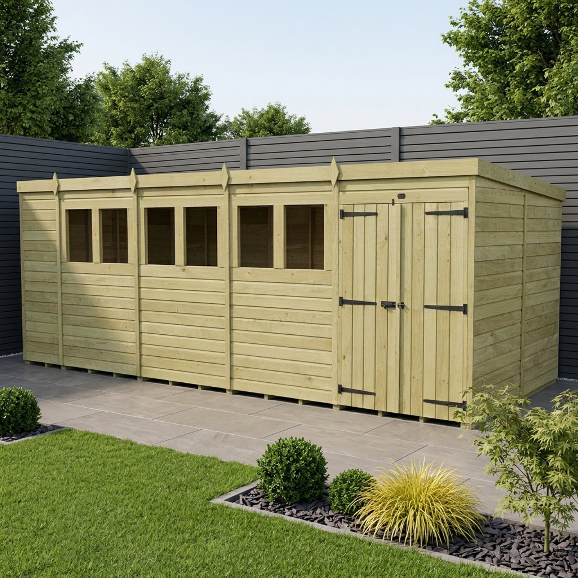 18 x 7 Pent Shed (Double Door, With Windows)