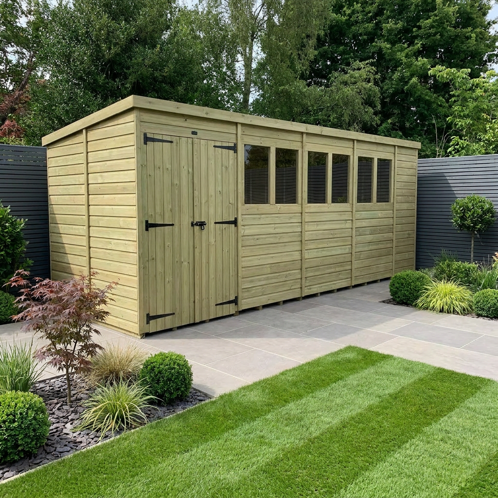 18 x 7 Pent Shed (Double Door, With Windows)