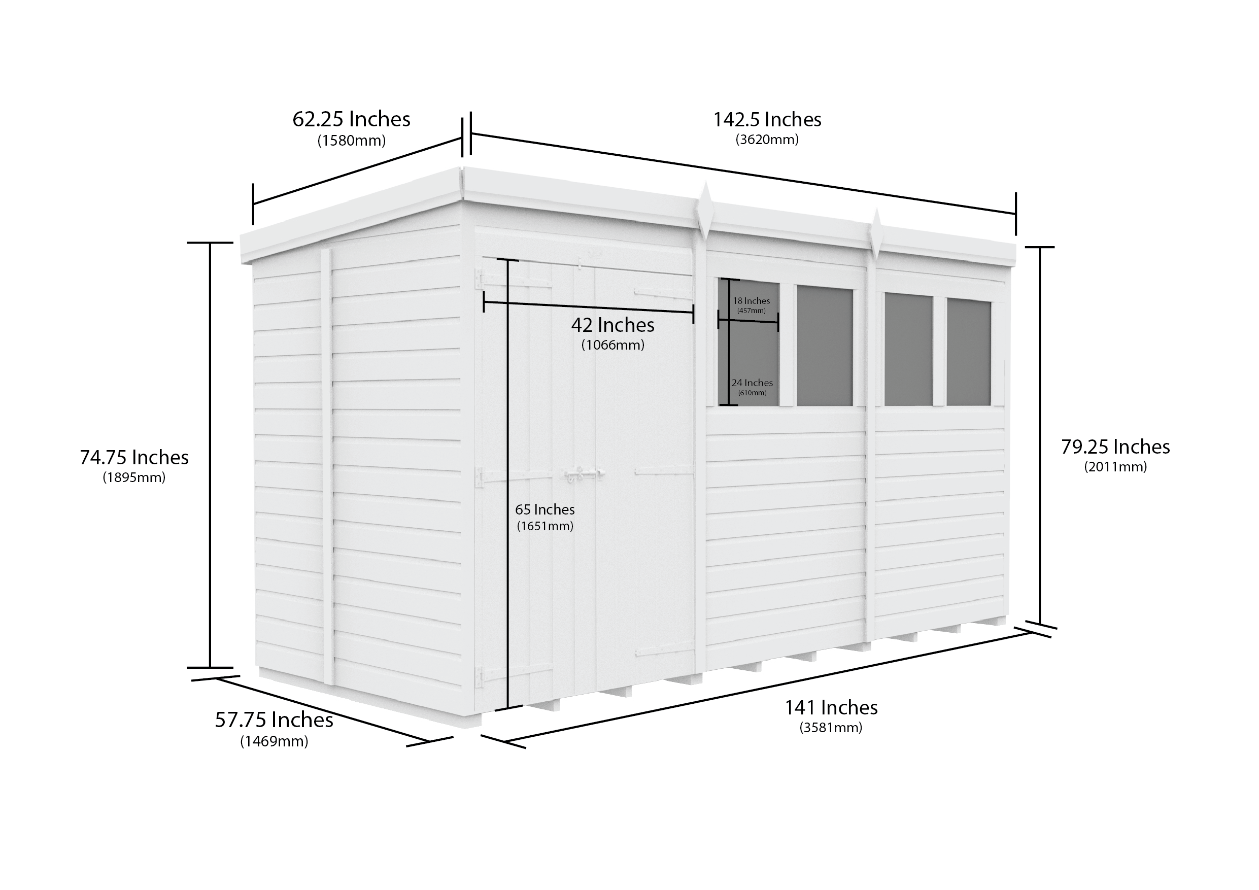 12 x 5 Pent Shed (Double Door, With Windows)