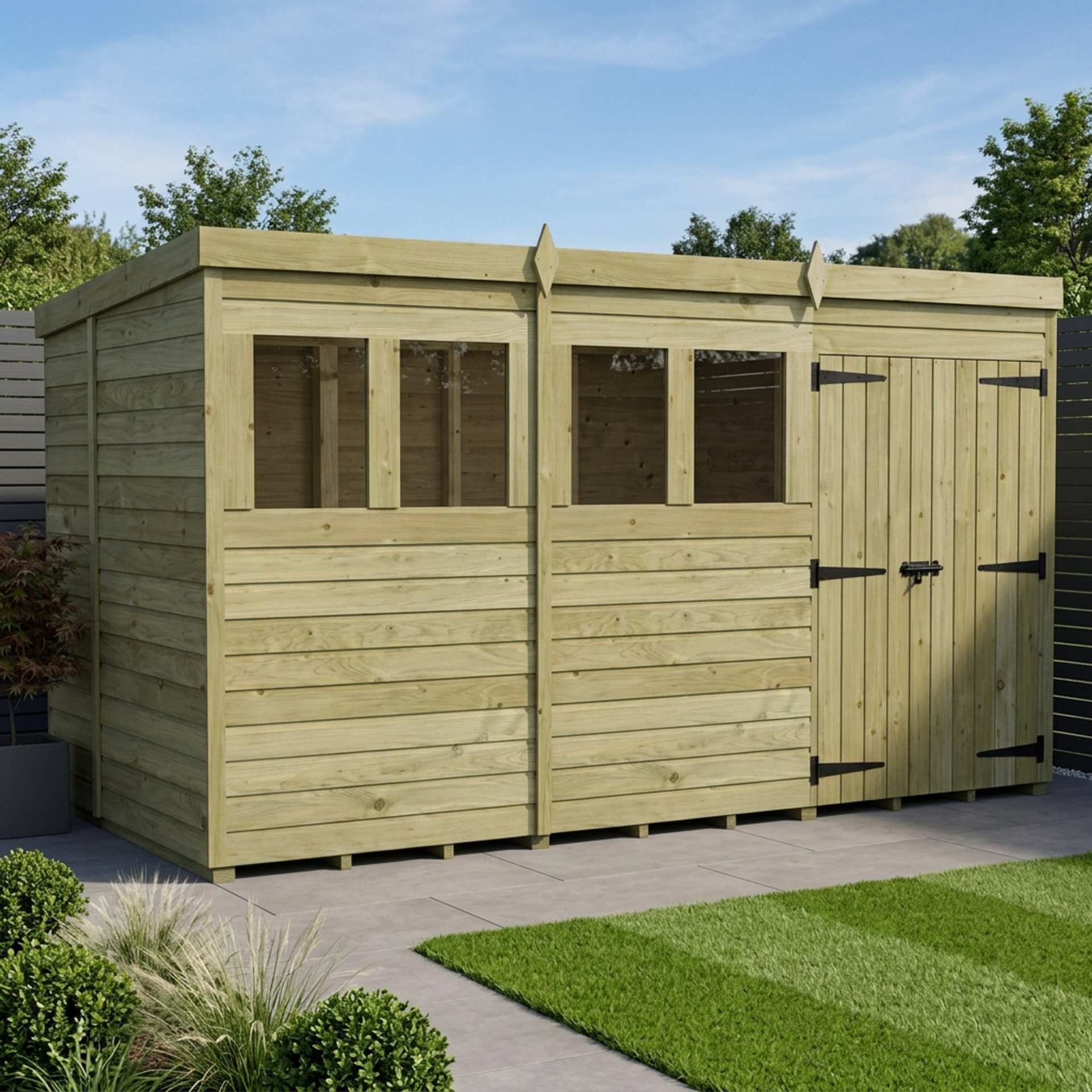 12 x 5 Pent Shed (Double Door, With Windows)