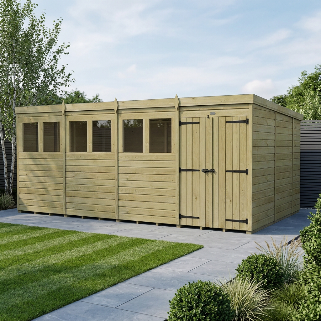 16 x 10 Pent Shed (Double Door, With Windows)