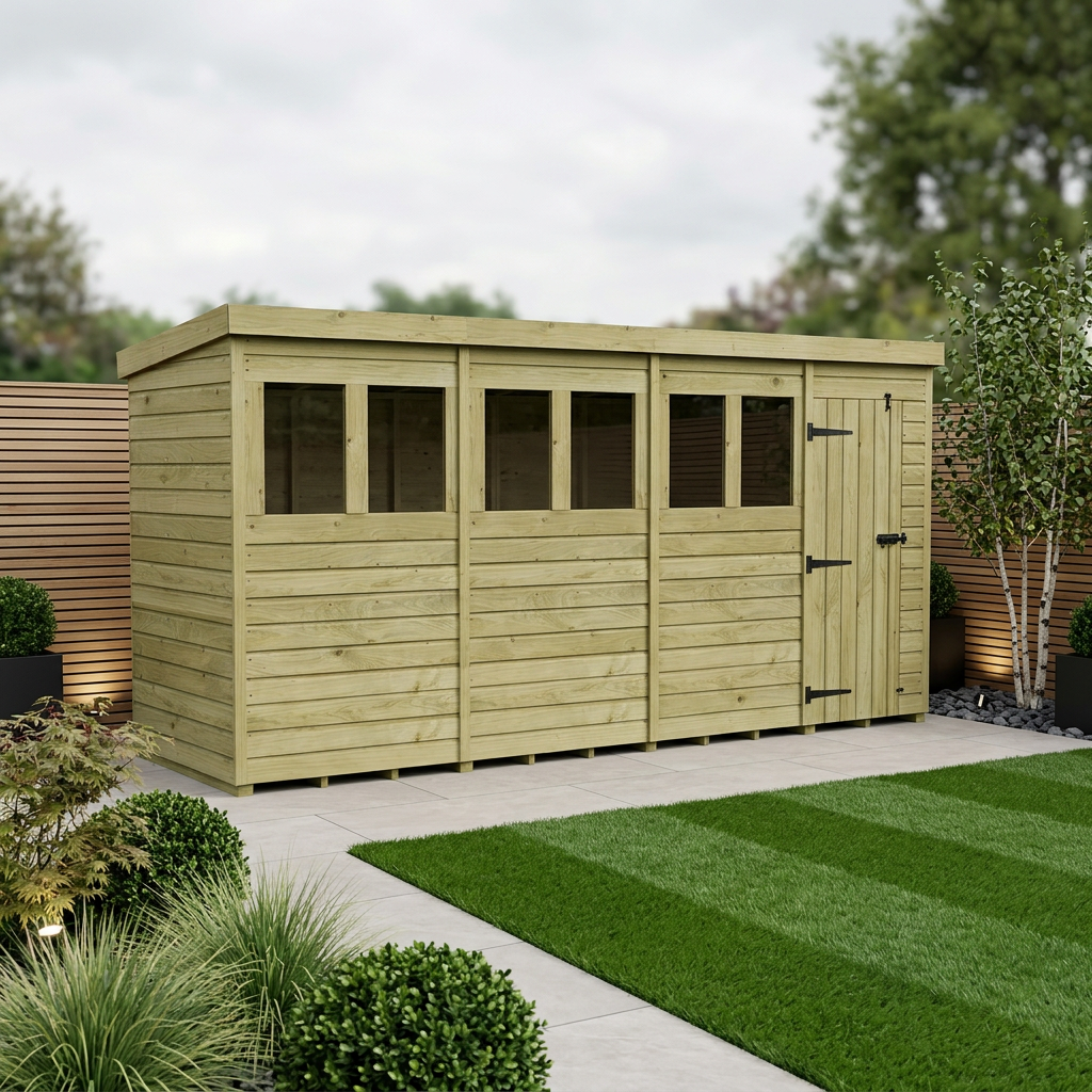16 x 4 Pent Shed (Single Door, With Windows)