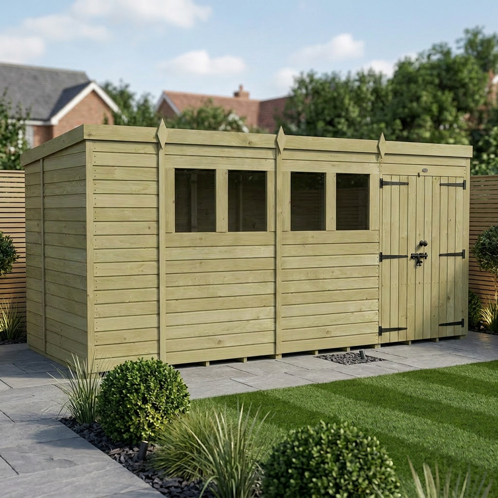 14 x 6 Pent Shed (Double Door, With Windows)