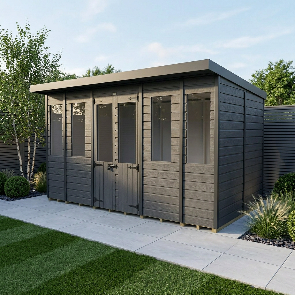 14x8 Composite Pent Summer House (Double Doors, With Windows)