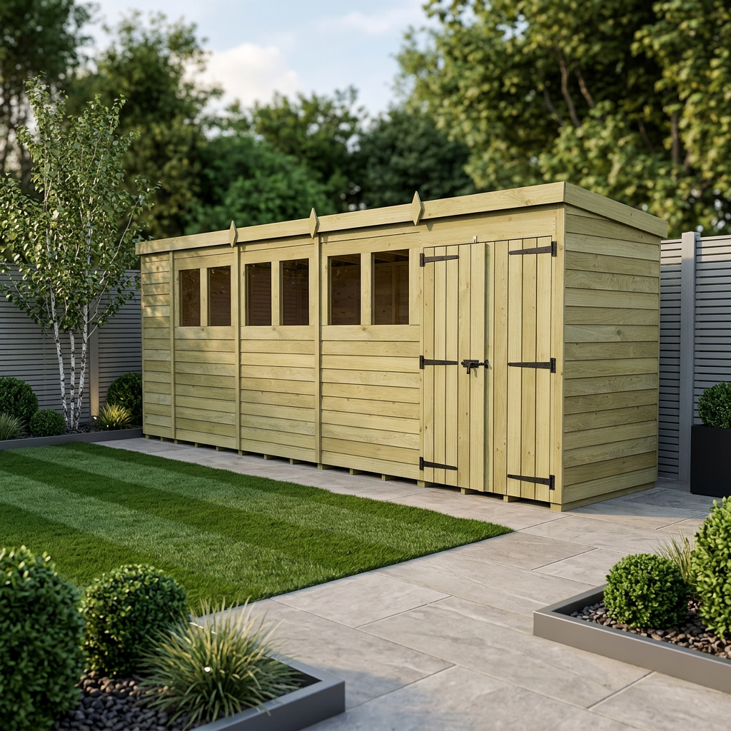 19 x 4 Pent Shed (Double Door, With Windows)