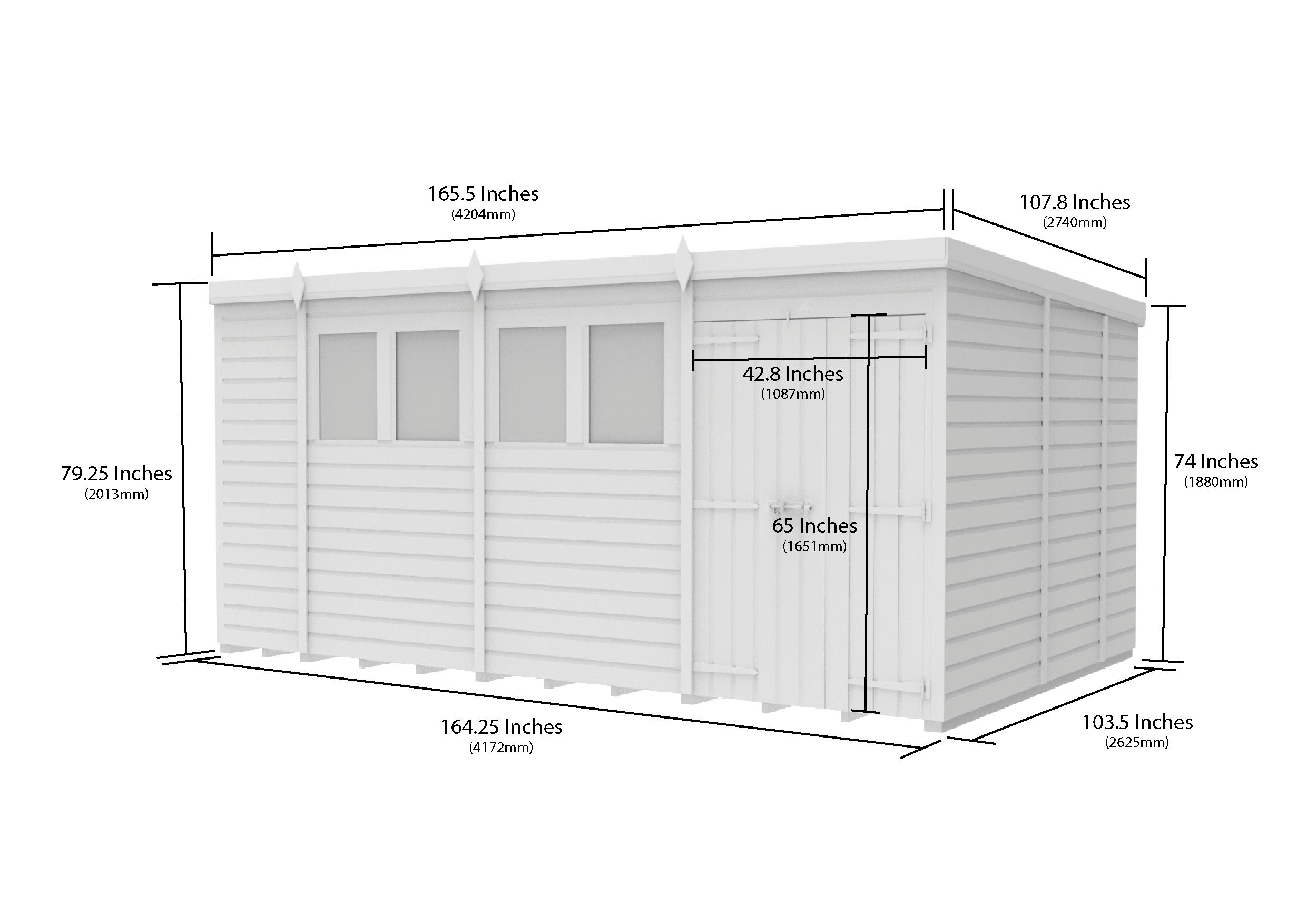 14 x 9 Pent Shed (Double Door, With Windows)