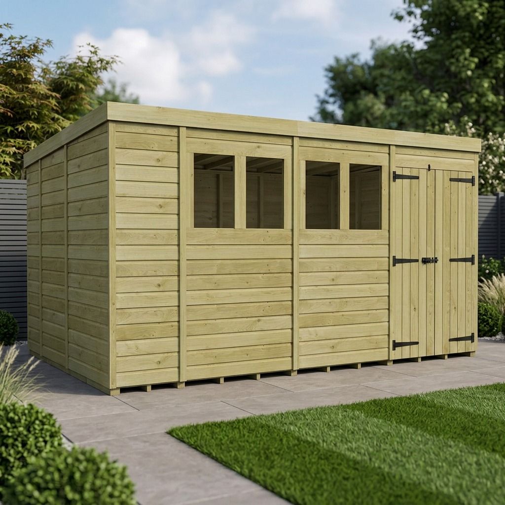 14 x 9 Pent Shed (Double Door, With Windows)
