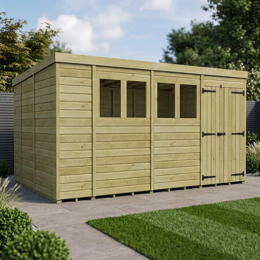 14 x 9 Pent Shed (Double Door, With Windows)
