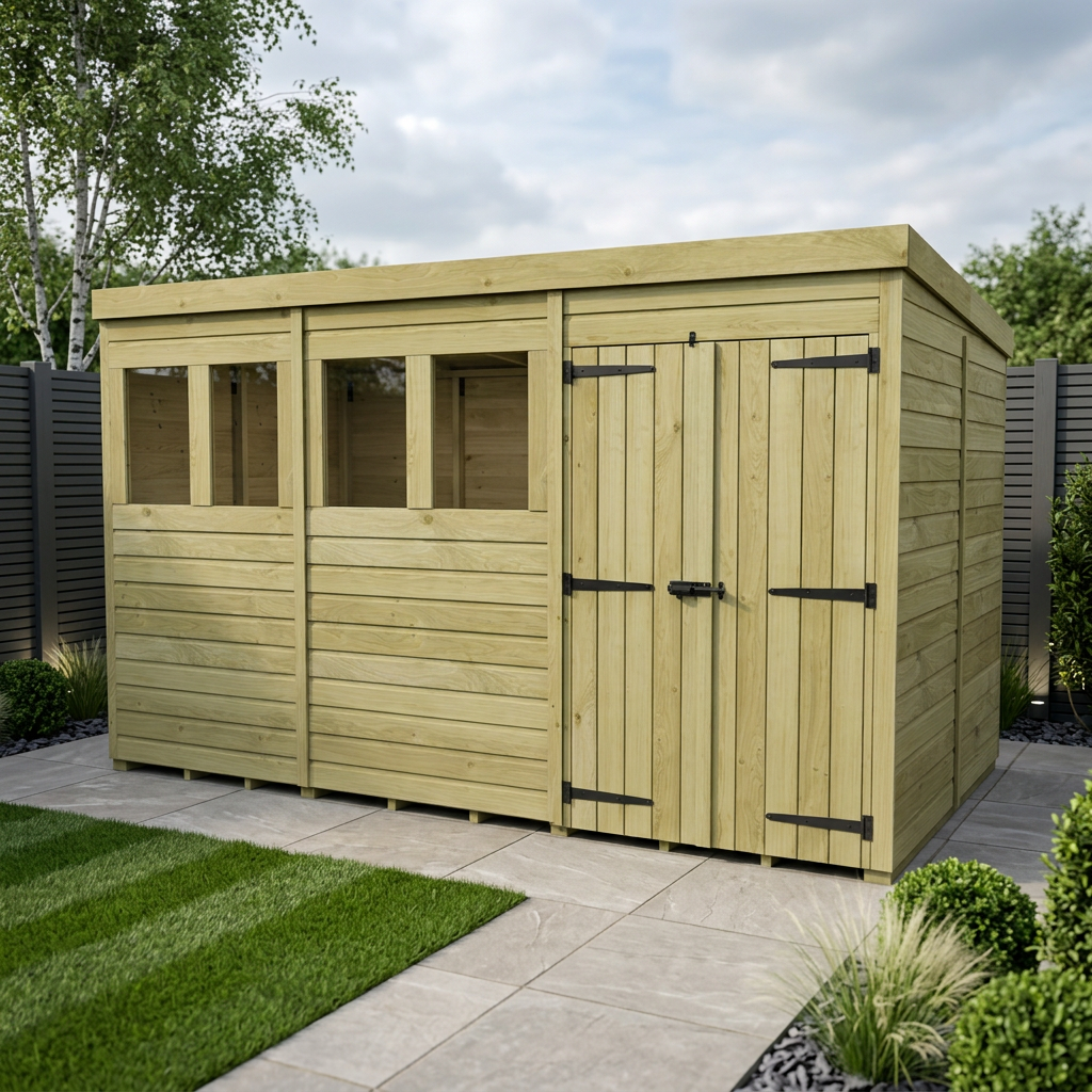 16 x 7 Pent Shed (Double Door, With Windows)