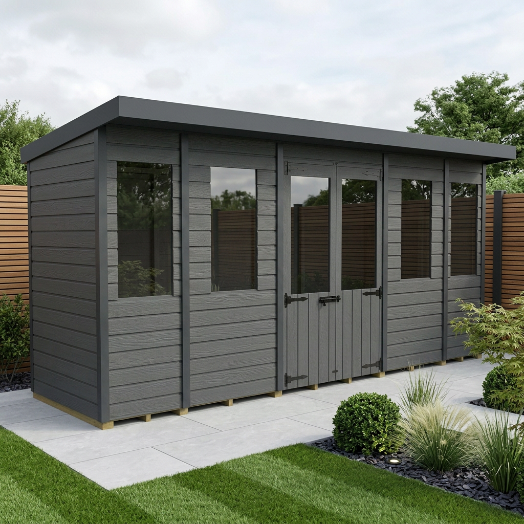 14x4 Composite Pent Summer House (Double Doors, With Windows)
