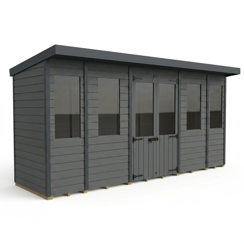 14x4 Composite Pent Summer House (Double Doors, With Windows)