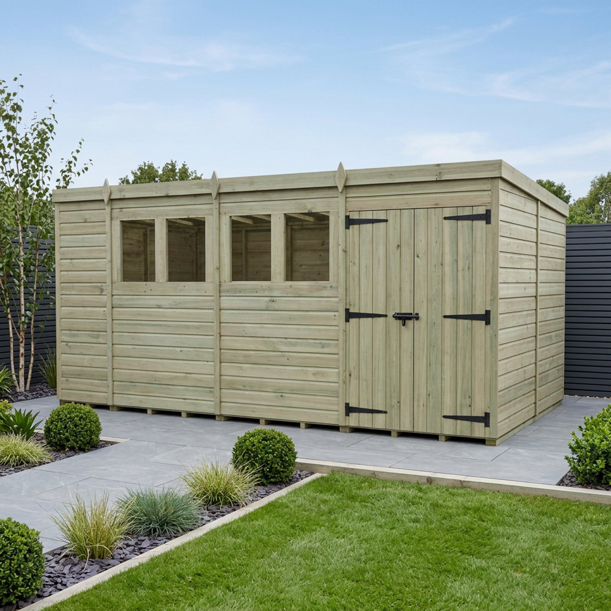 14 x 8 Pent Shed (Double Door, With Windows)