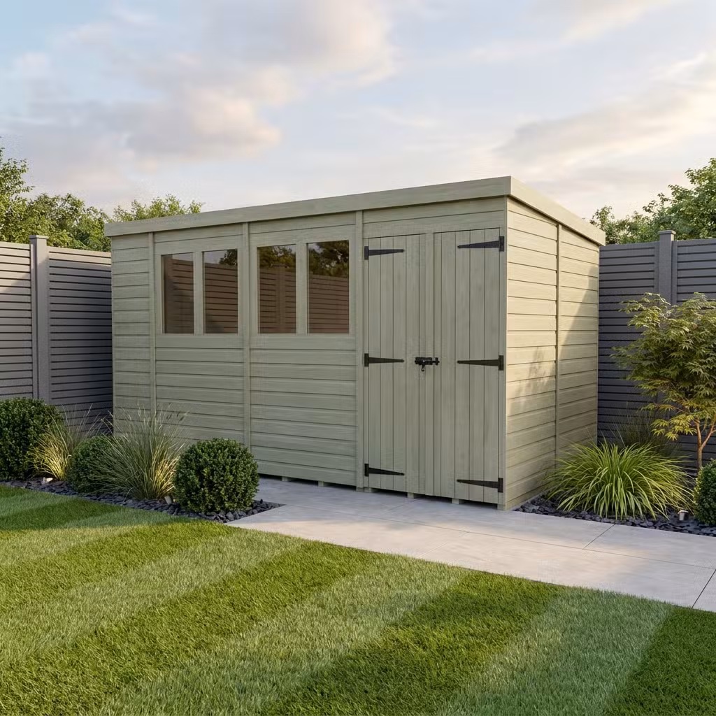 14 x 8 Pent Shed (Double Door, With Windows)