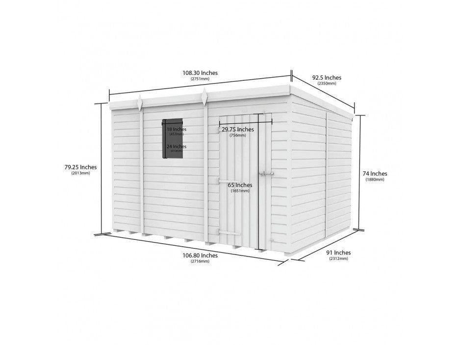 9 x 8 Pent Shed (Single Door, With Windows)