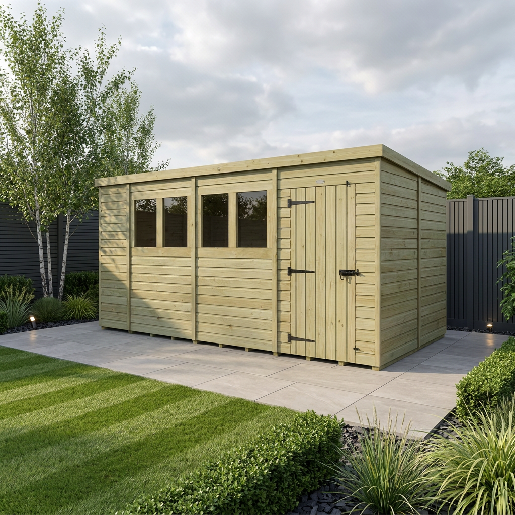 15 x 6 Pent Shed (Single Door, With Windows)