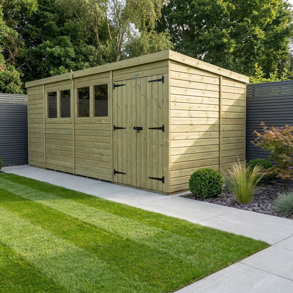 15 x 10 Pent Shed (Double Door, With Windows)