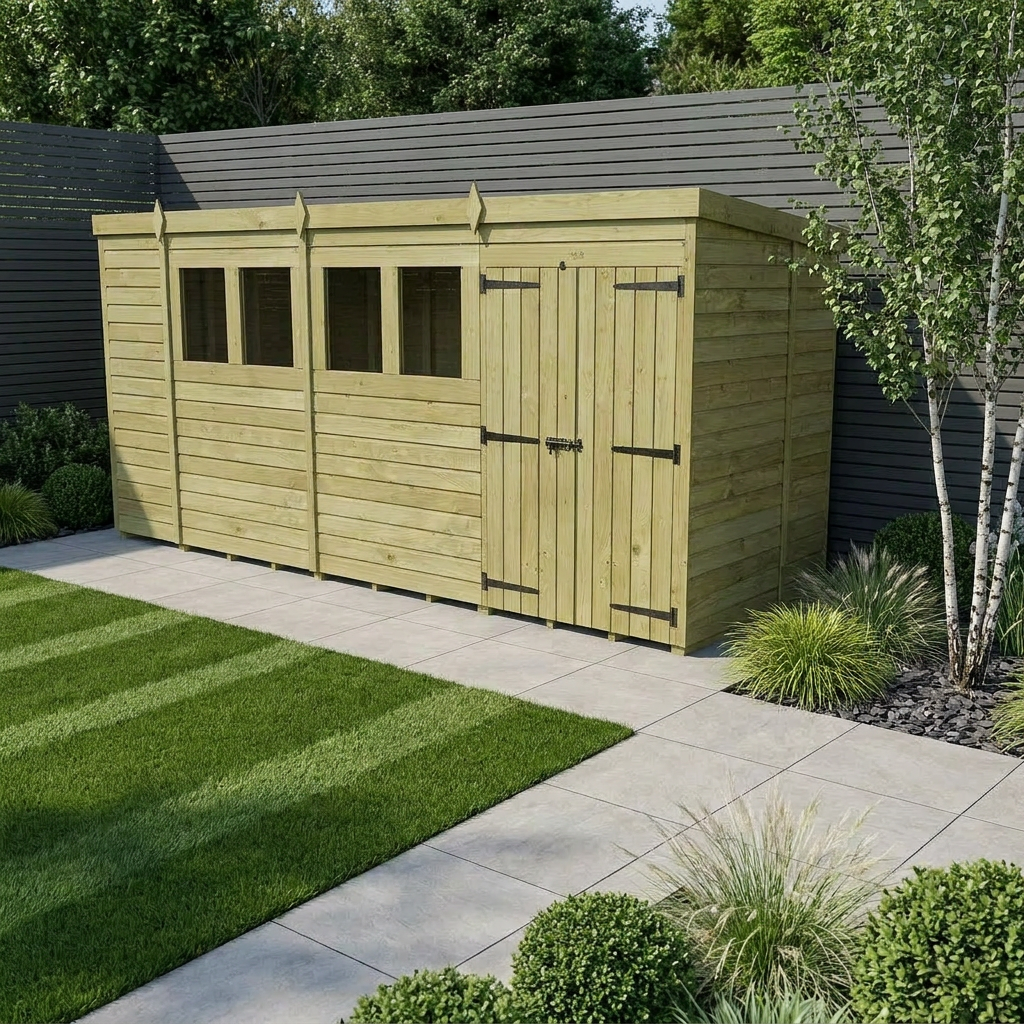 15 x 5 Pent Shed (Double Door, With Windows)