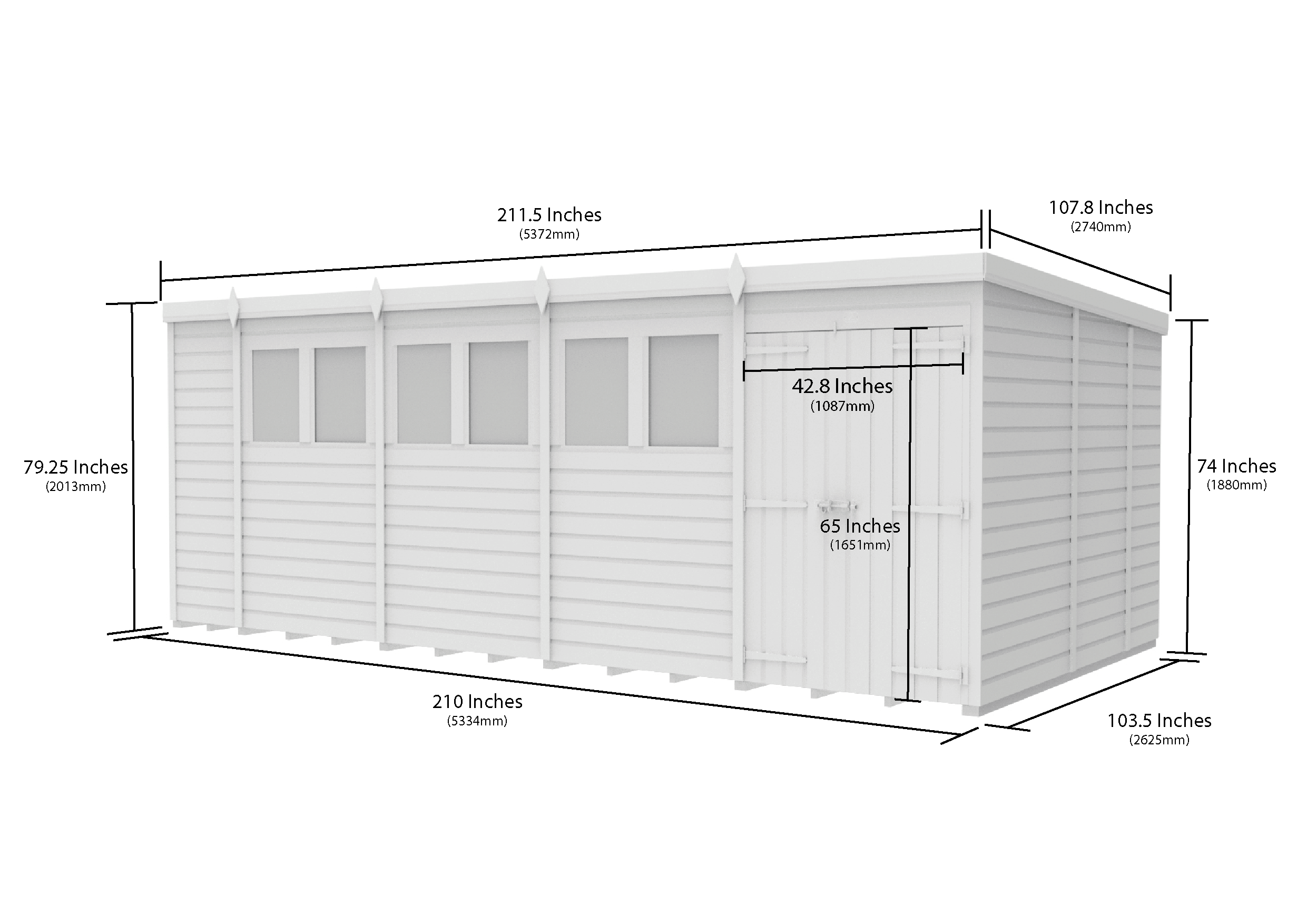18 x 9 Pent Shed (Double Door, With Windows)
