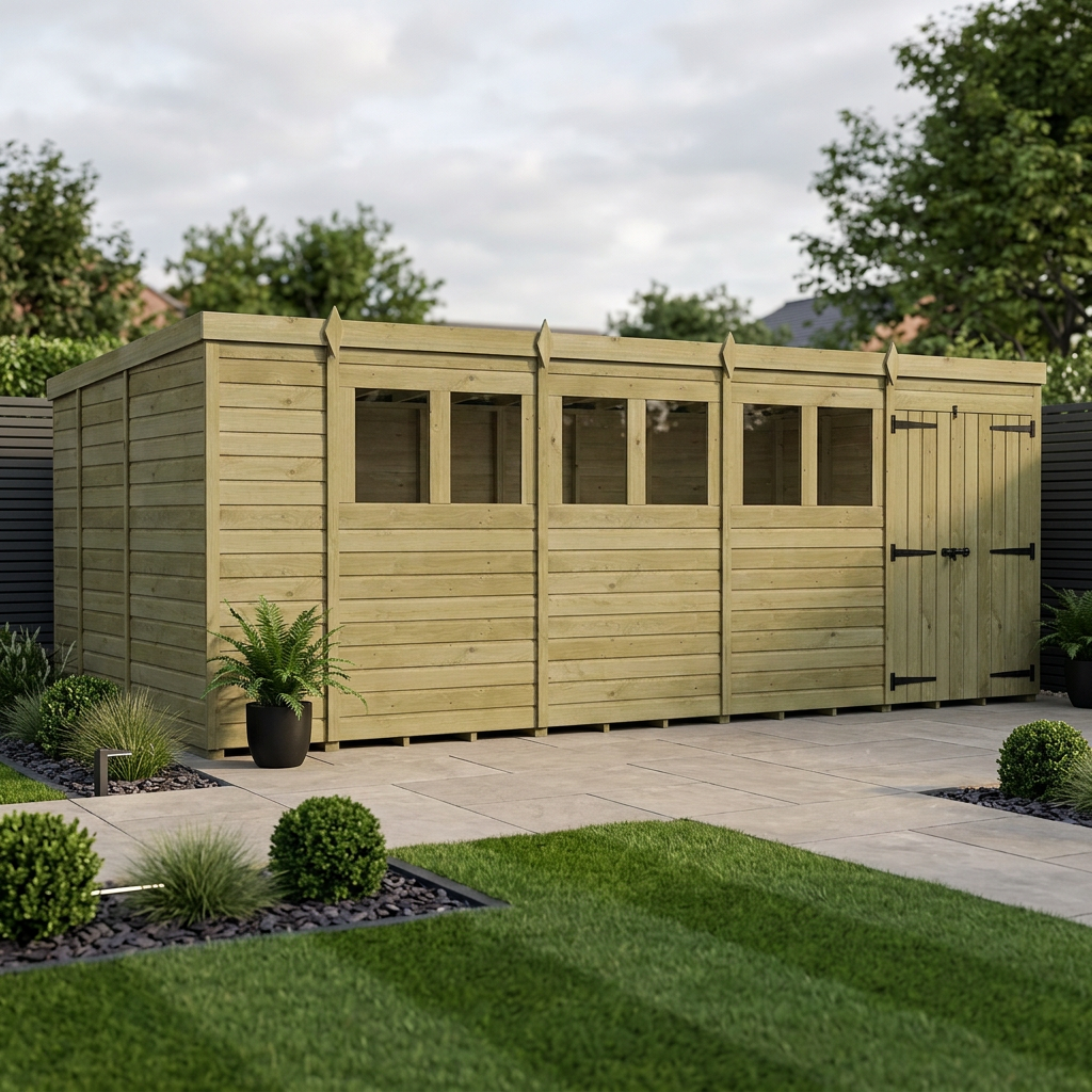 18 x 9 Pent Shed (Double Door, With Windows)
