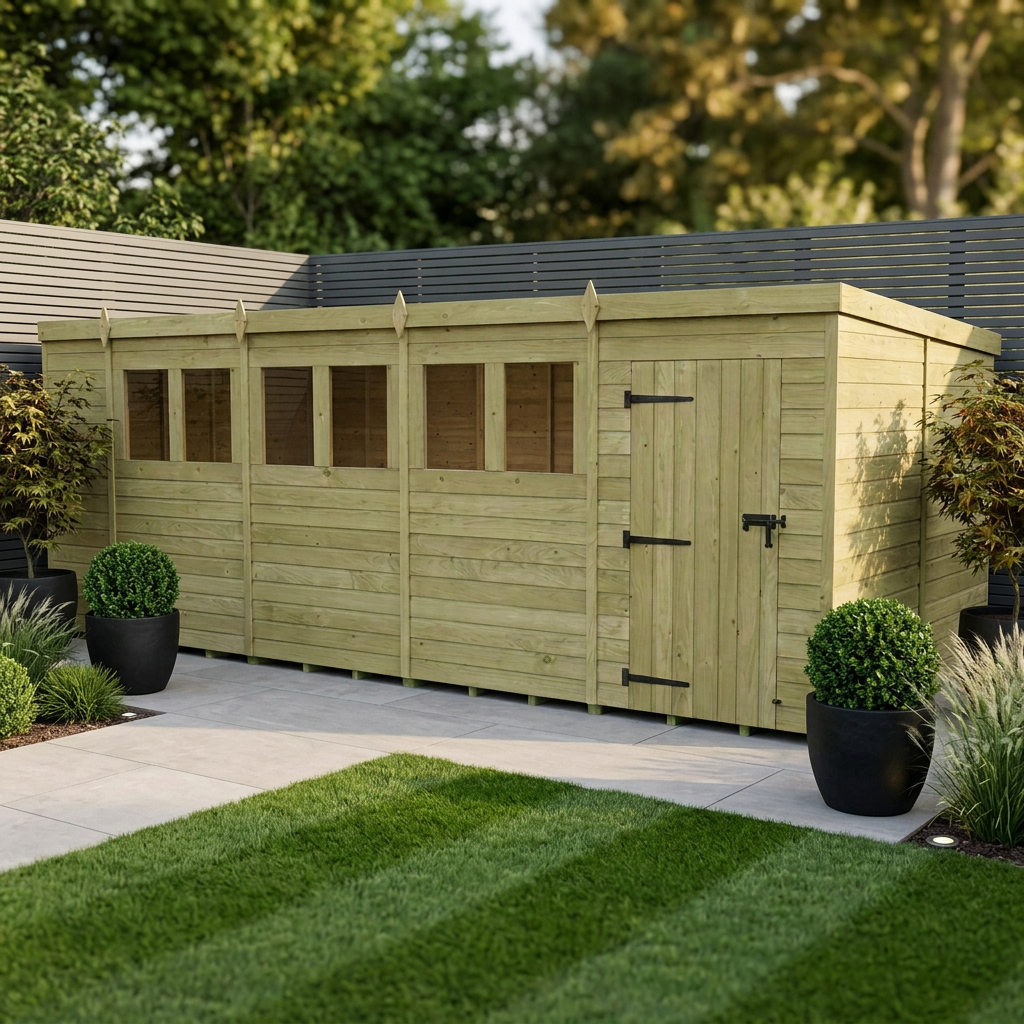 18 x 8 Pent Shed (Single Door, With Windows)