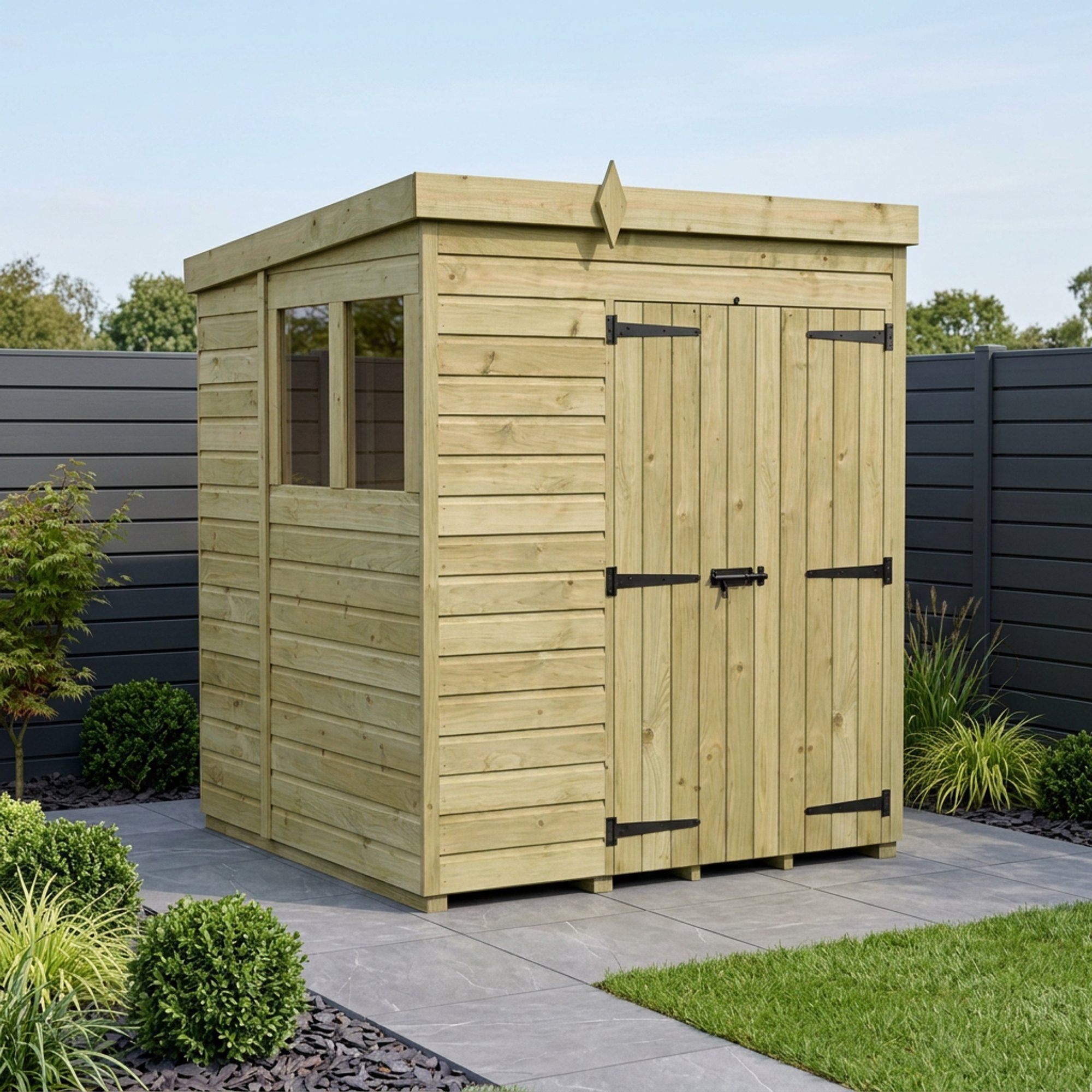 7 x 7 Pent Shed (Double Door, With Windows)