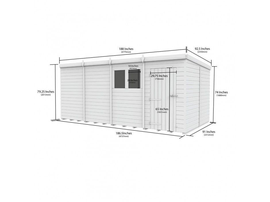 16 x 8 Pent Shed (Single Door, With Windows)