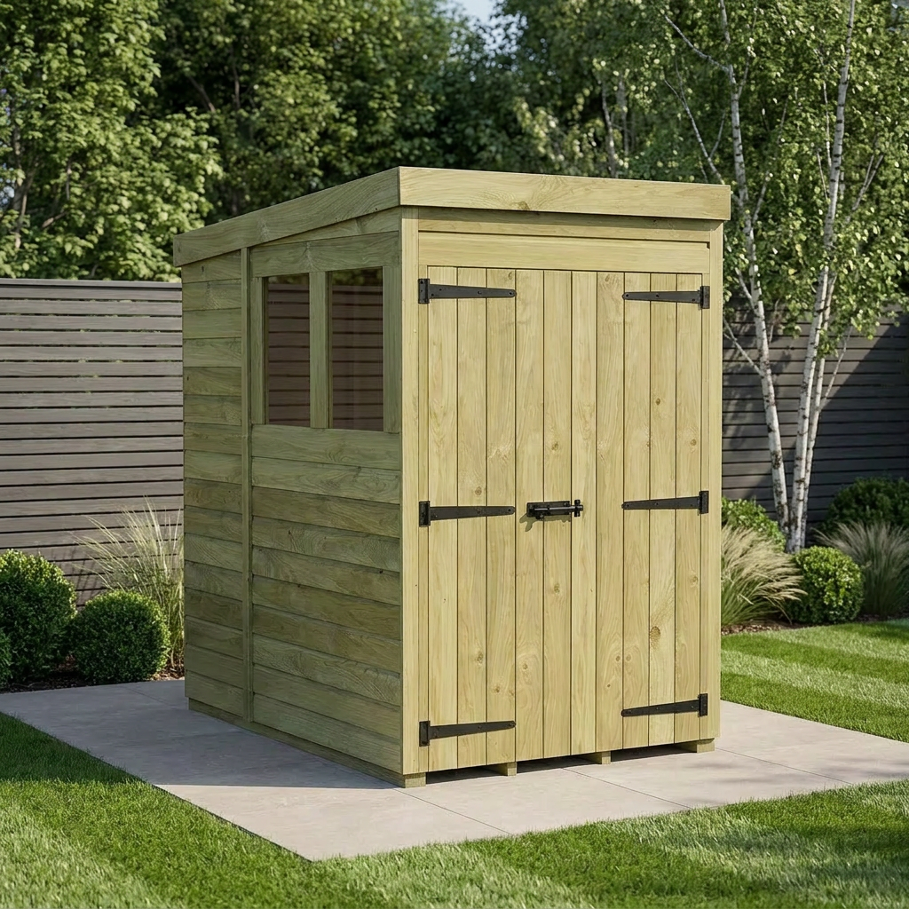 4 x 6 Pent Shed (Double Door, With Windows)