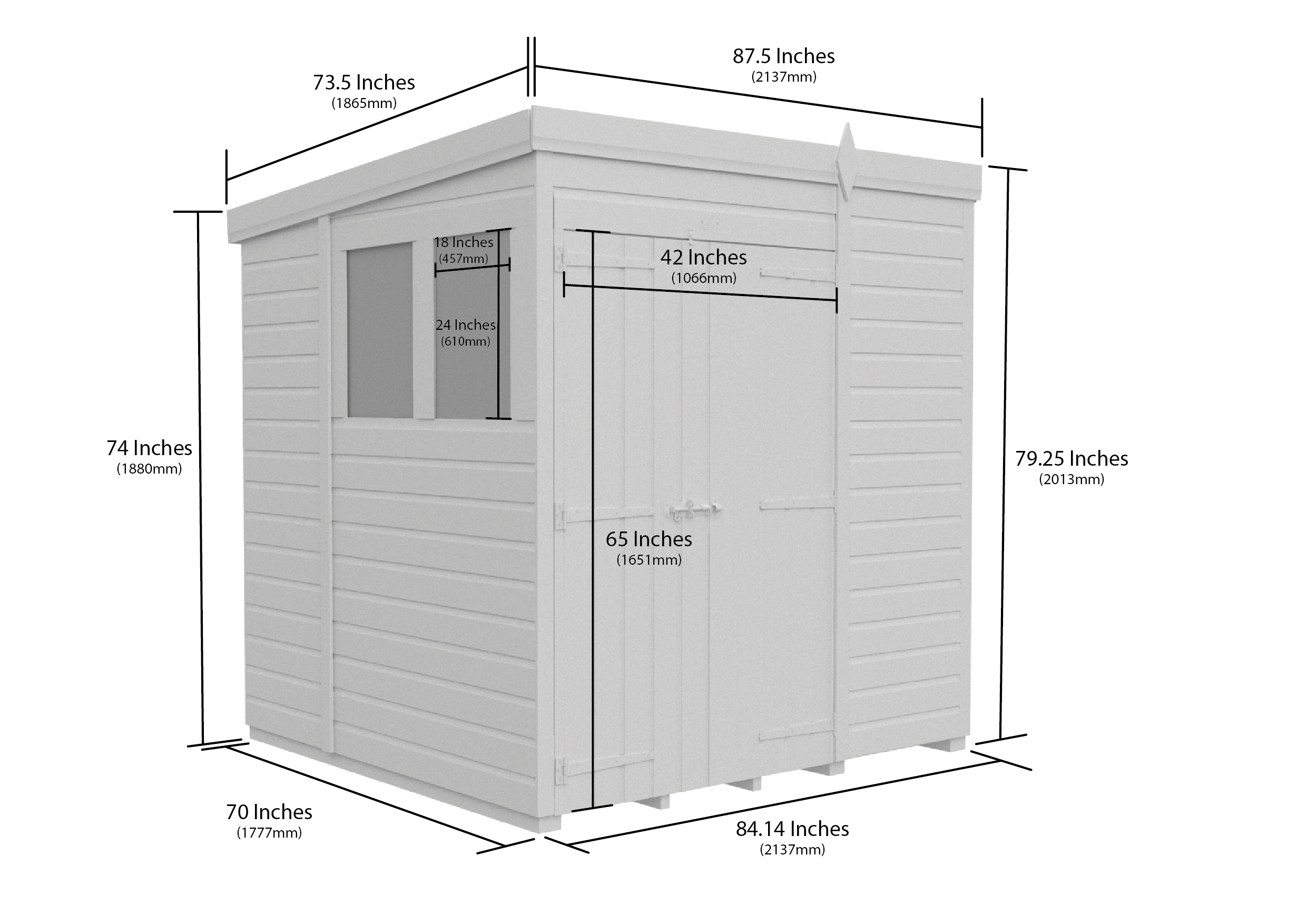 7 x 6 Pent Shed (Double Door, With Windows)