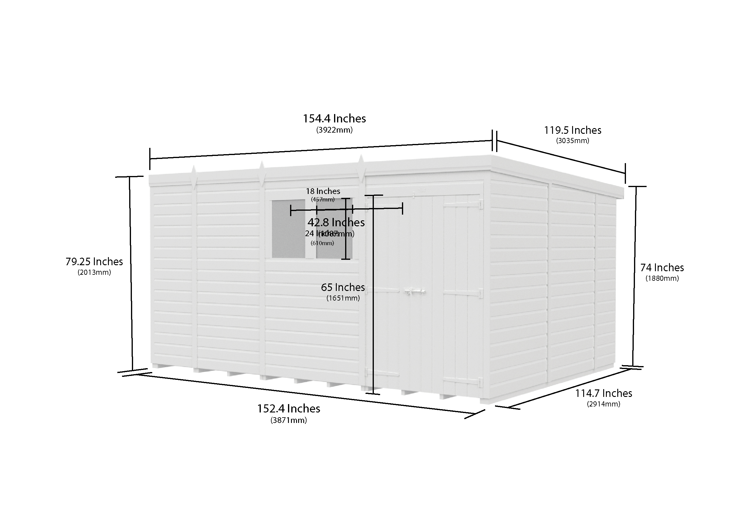 13 x 10 Pent Shed (Double Door, No Windows)