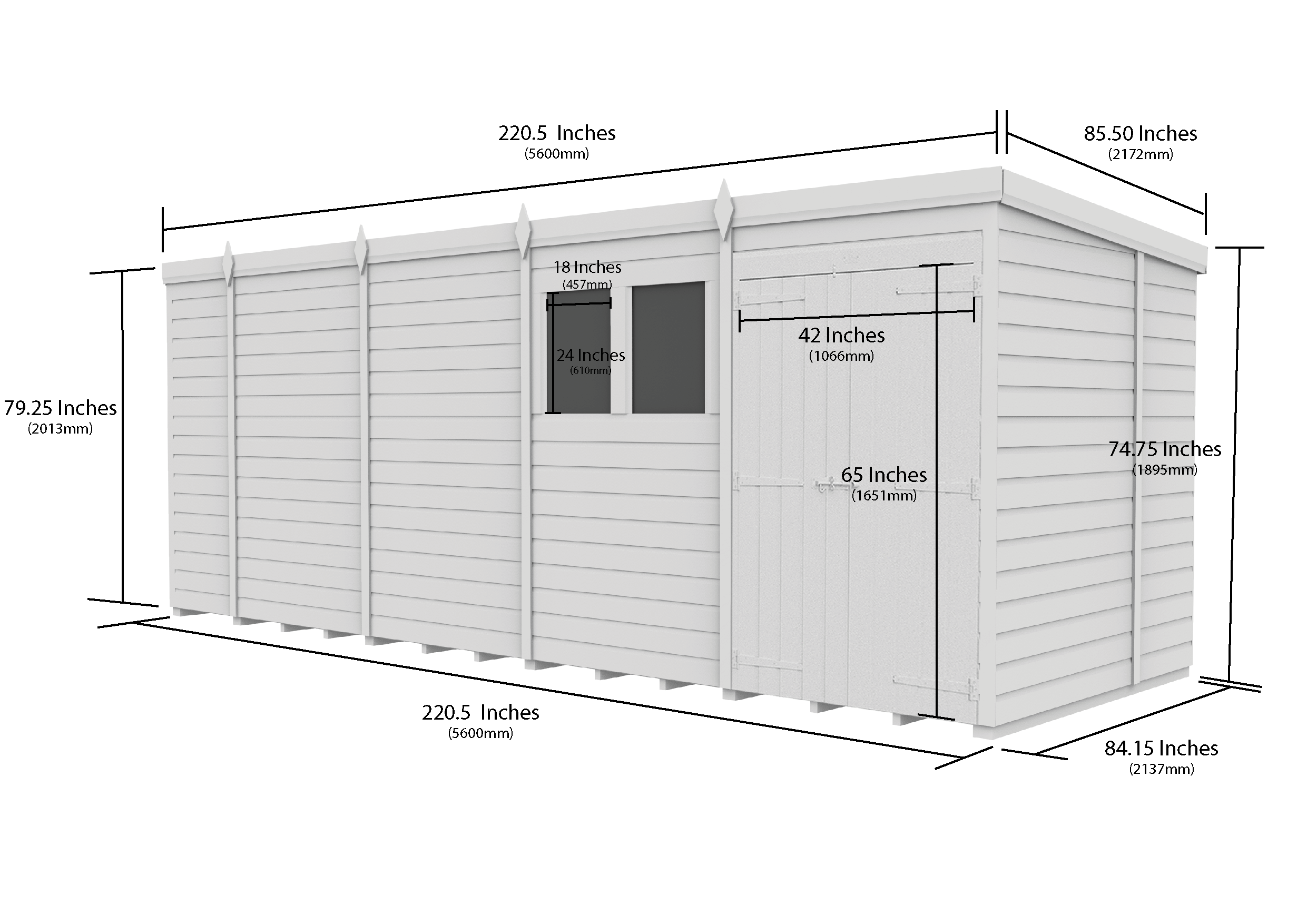 19 x 7 Pent Shed (Double Door, With Windows)