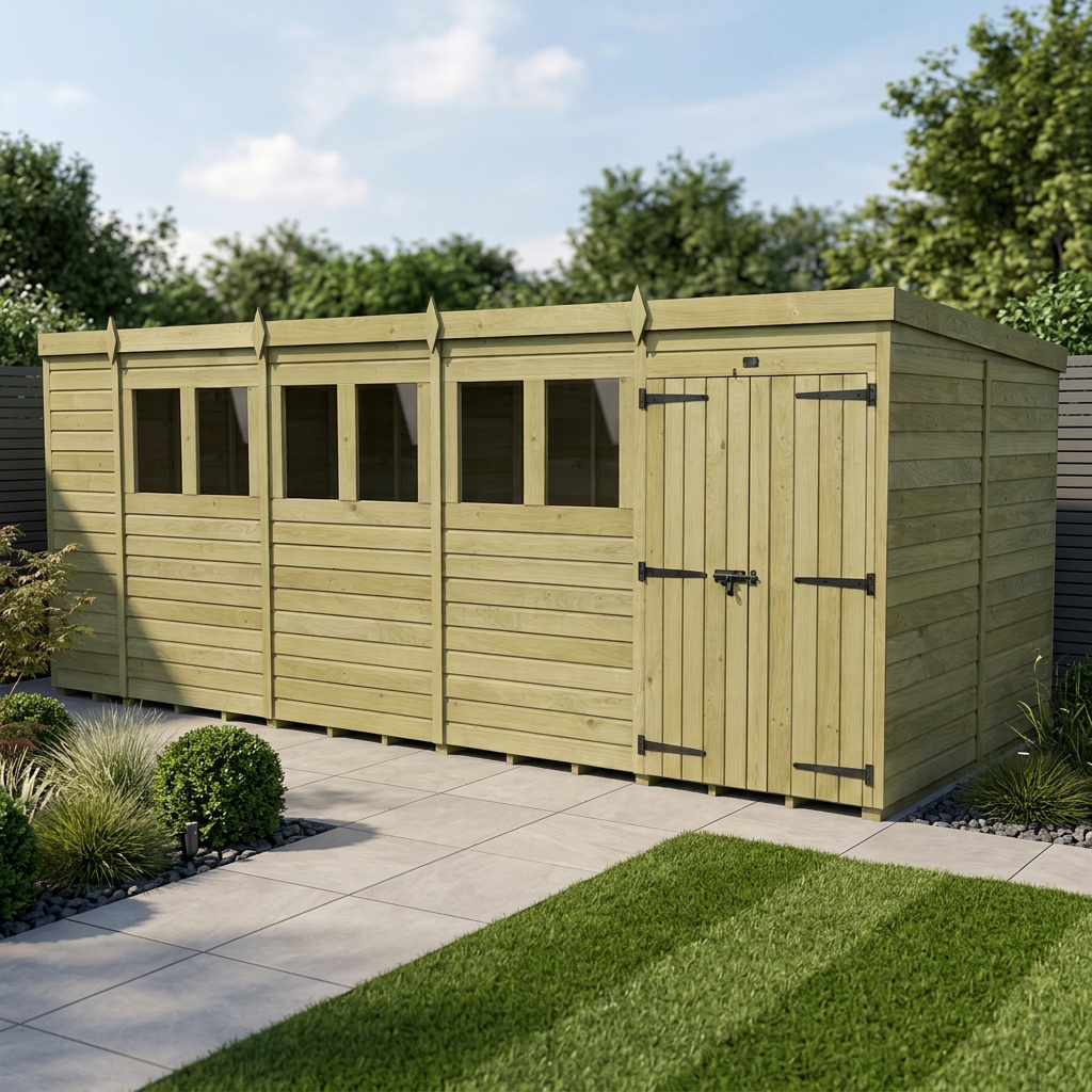 19 x 7 Pent Shed (Double Door, With Windows)