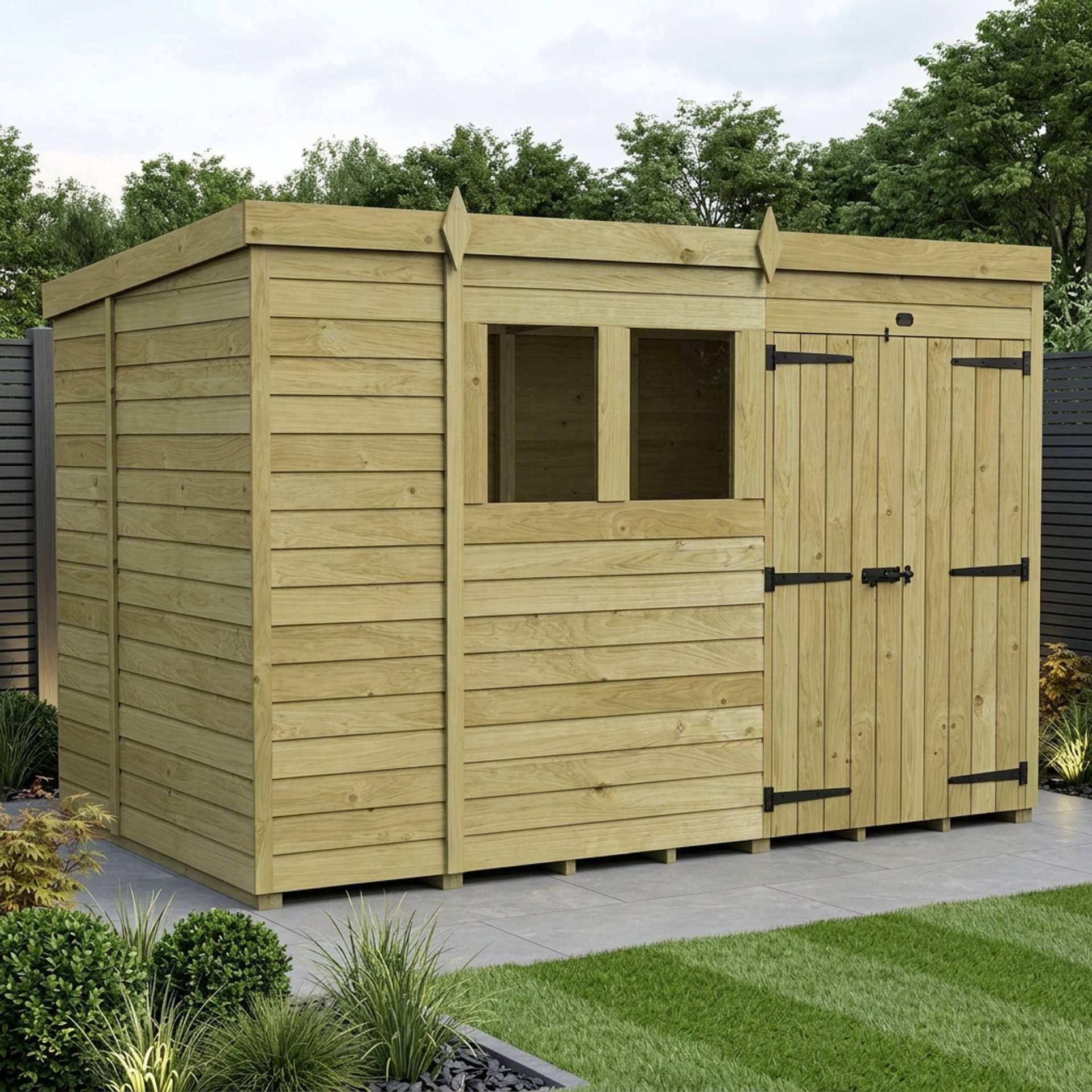 10 x 6 Pent Shed (Double Door, With Windows)