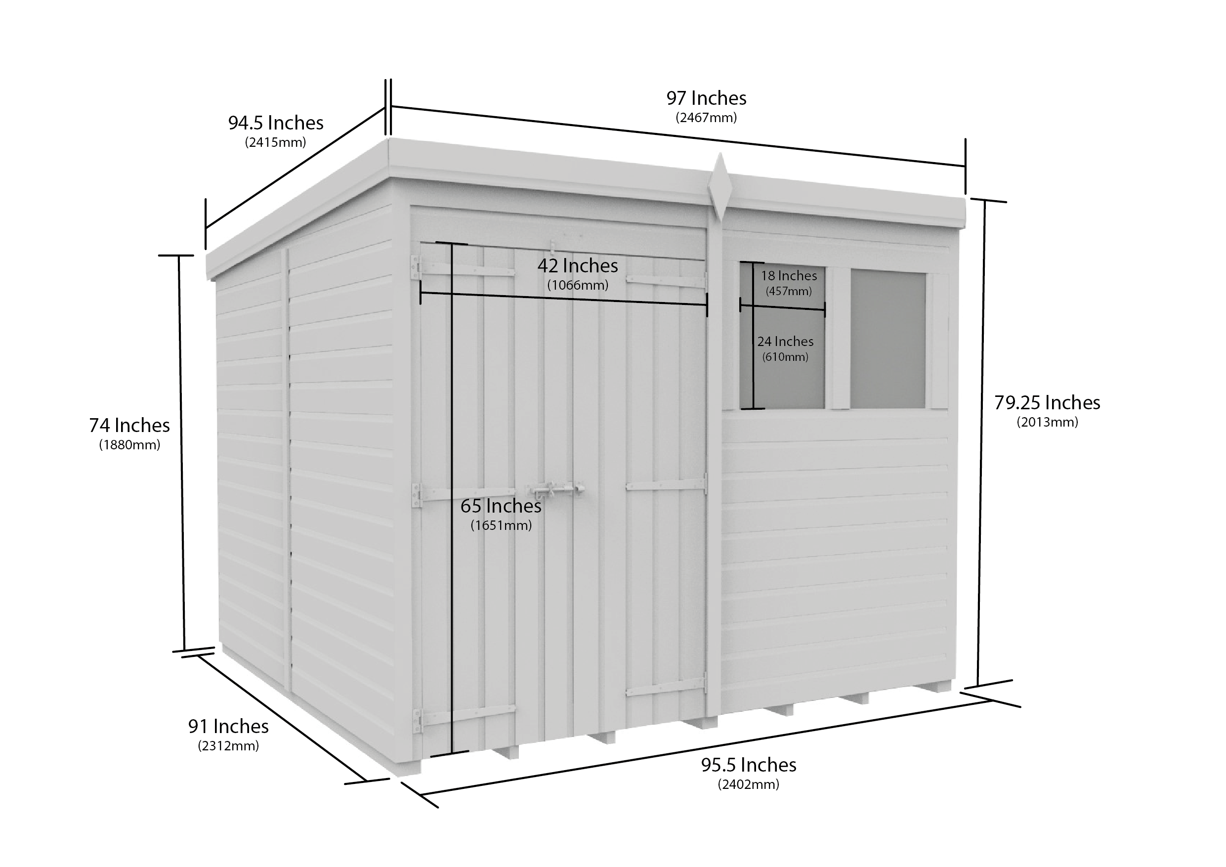 8 x 8 Pent Shed (Double Door, With Windows)