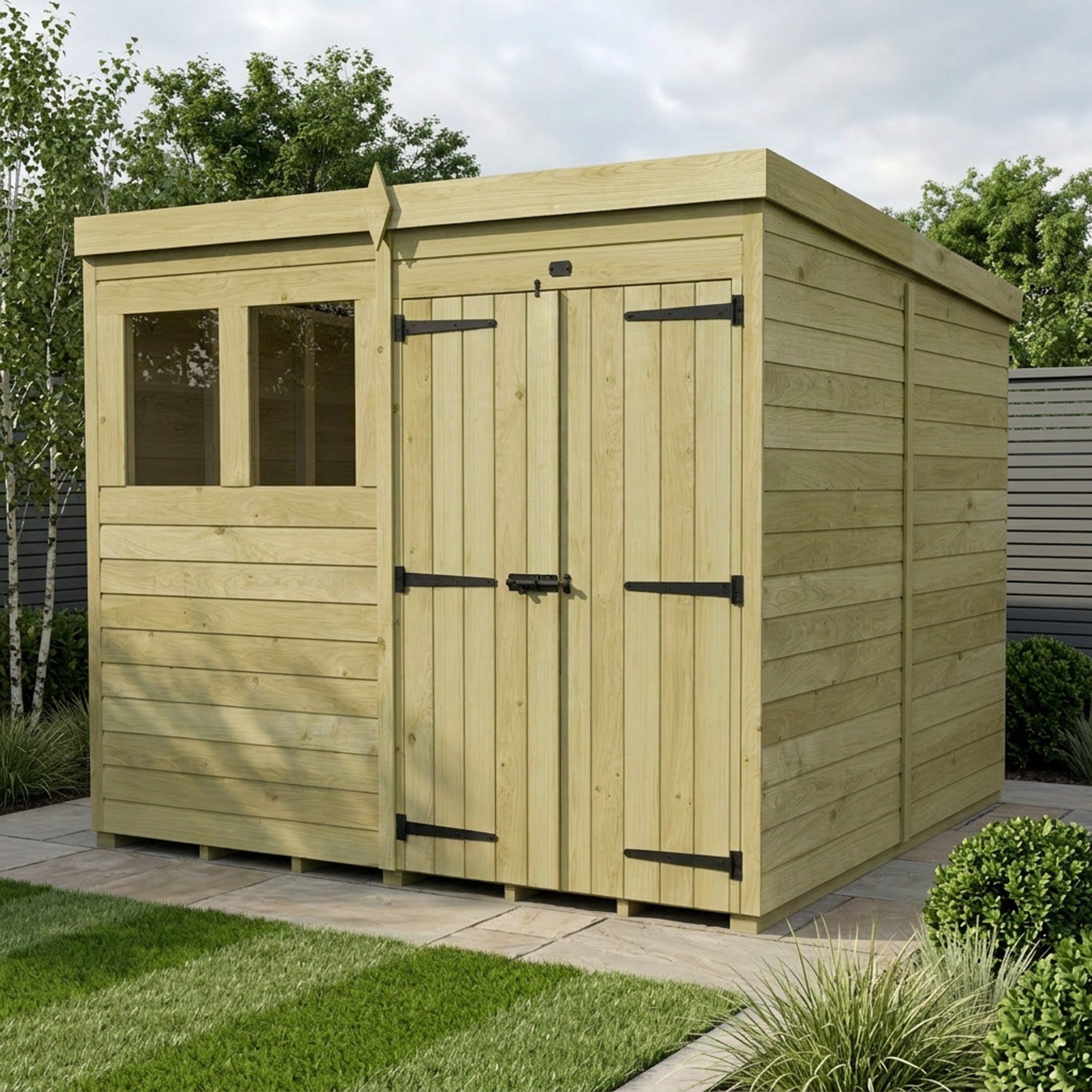 8 x 8 Pent Shed (Double Door, With Windows)