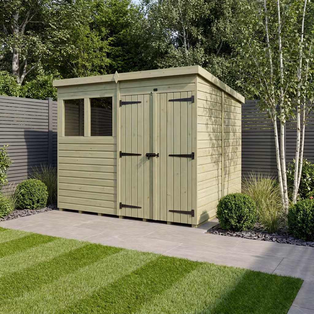 8 x 8 Pent Shed (Double Door, With Windows)
