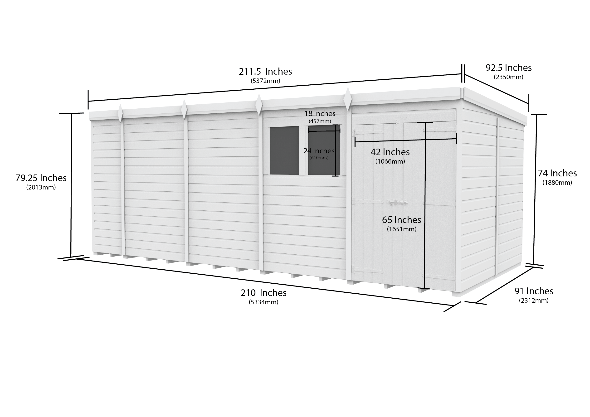 18 x 8 Pent Shed (Double Door, With Windows)