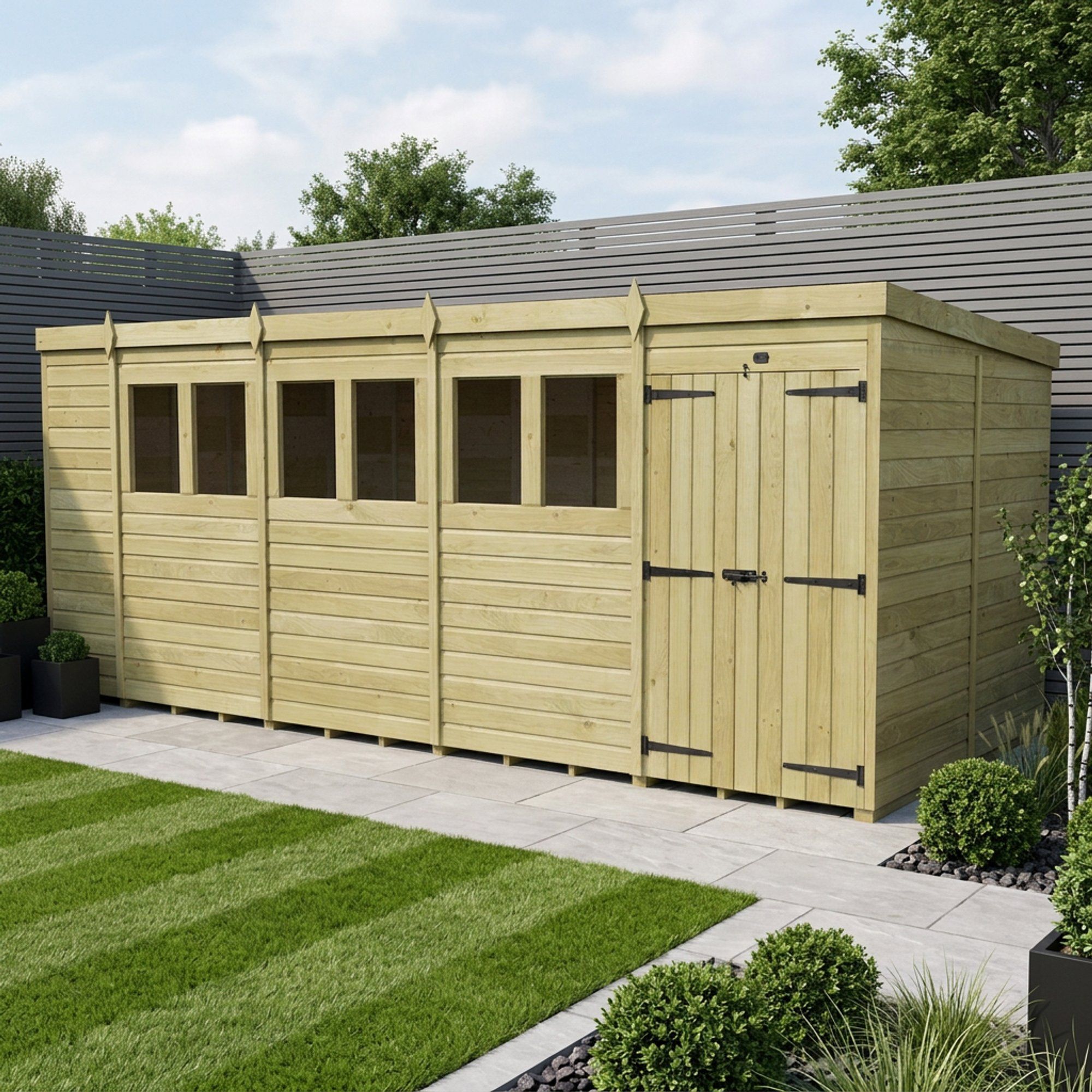 18 x 8 Pent Shed (Double Door, With Windows)