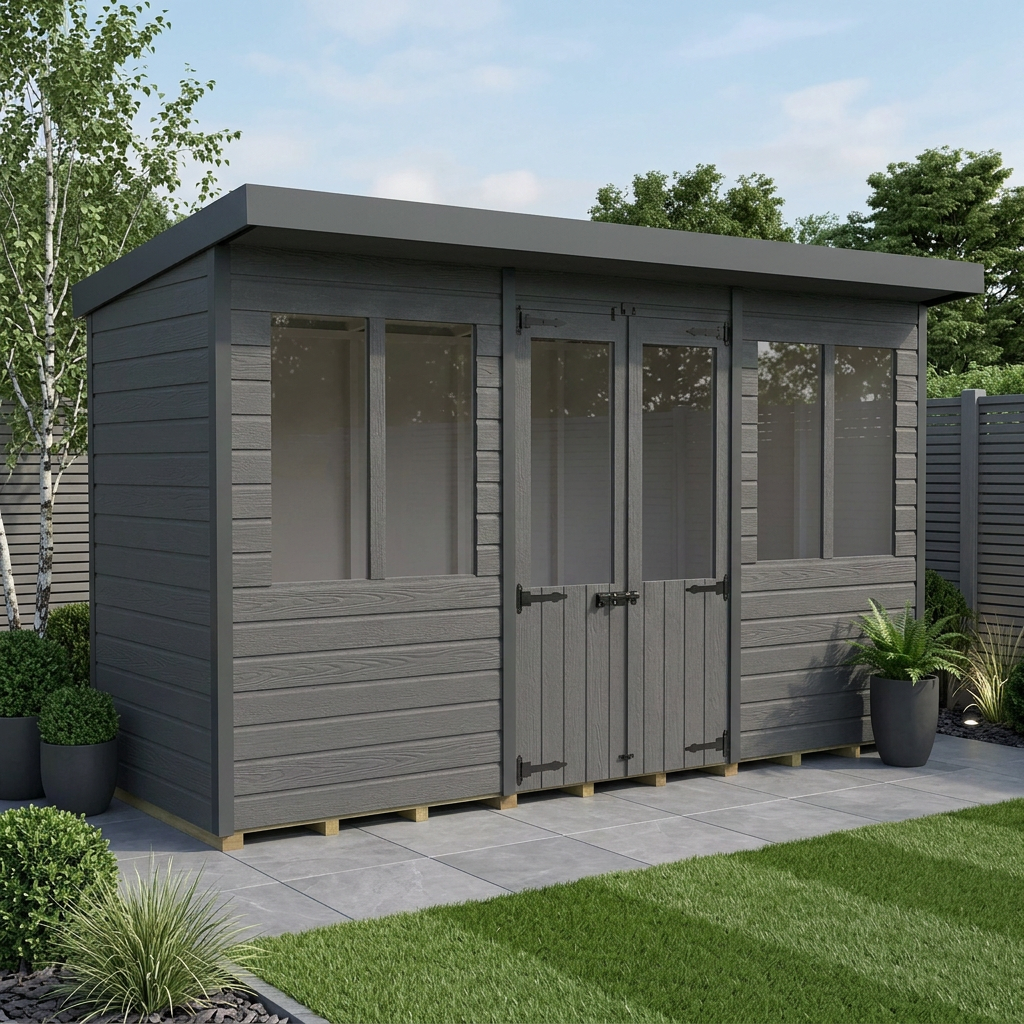 12x4 Composite Pent Summer House (Double Doors, With Windows)