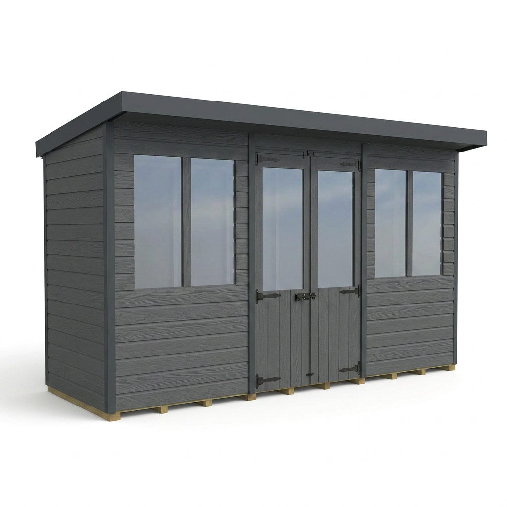 12x4 Composite Pent Summer House (Double Doors, With Windows)